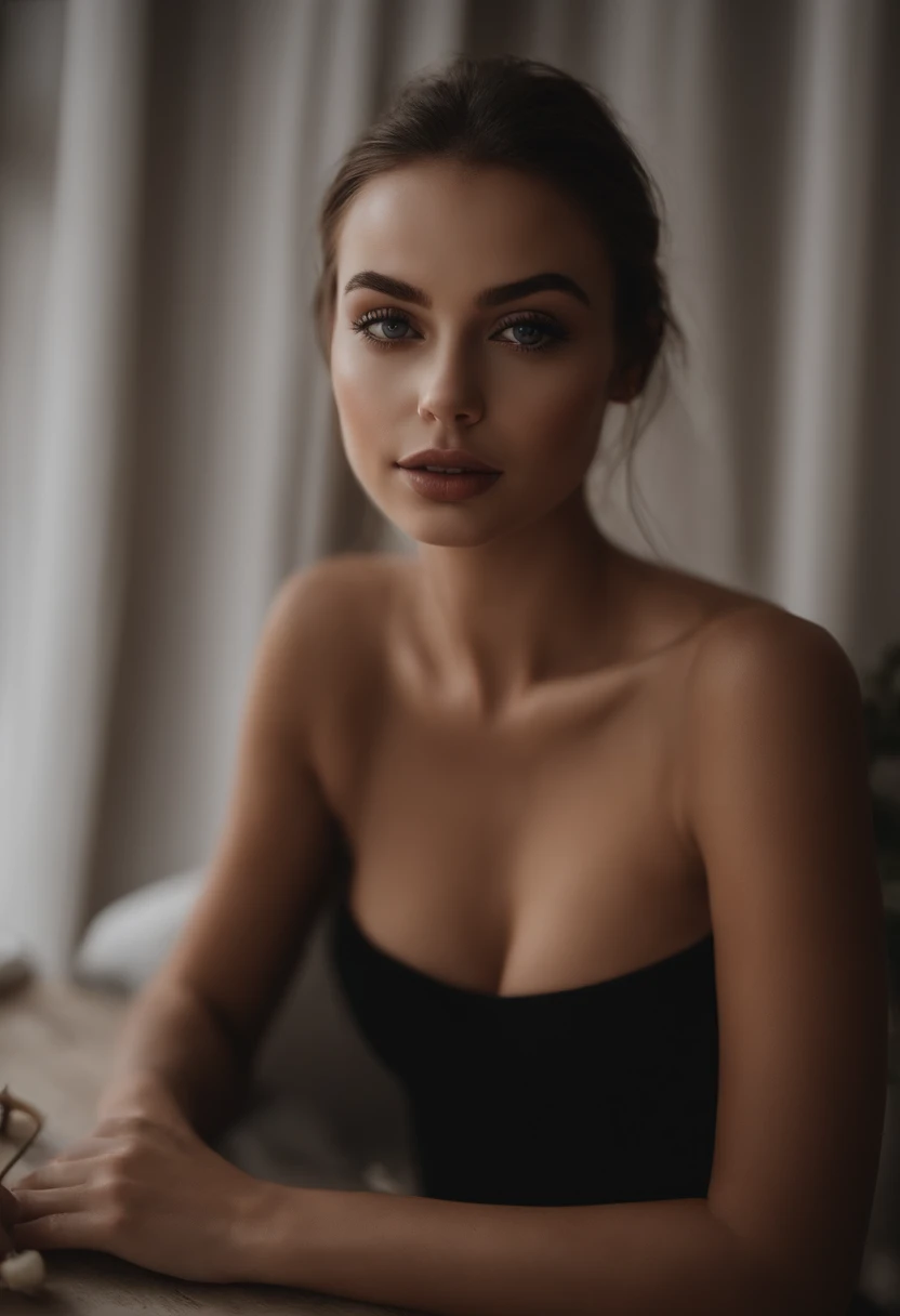 Femme arafed nue, fille sexy aux yeux bruns, Portrait Sophie Mudd, cheveux bruns et grands yeux, selfie of a young woman, Yeux de chambre, Violet Myers, sans maquillage, maquillage naturel, looking straight at camera, Visage avec Artgram, Maquillage subtil, Superbe photo du corps entier, clivage, sitting at table, porno