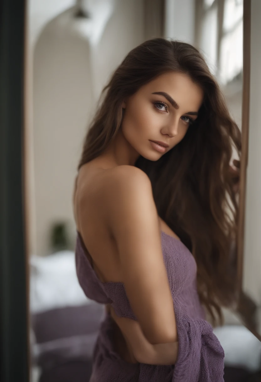 Femme arafed nue, fille sexy aux yeux bruns, Portrait Sophie Mudd, cheveux bruns et grands yeux, selfie of a young woman, Yeux de chambre, Violet Myers, sans maquillage, maquillage naturel, looking straight at camera, Visage avec Artgram, Maquillage subtil, Superbe photo du corps entier, clivage, sitting at table, porno