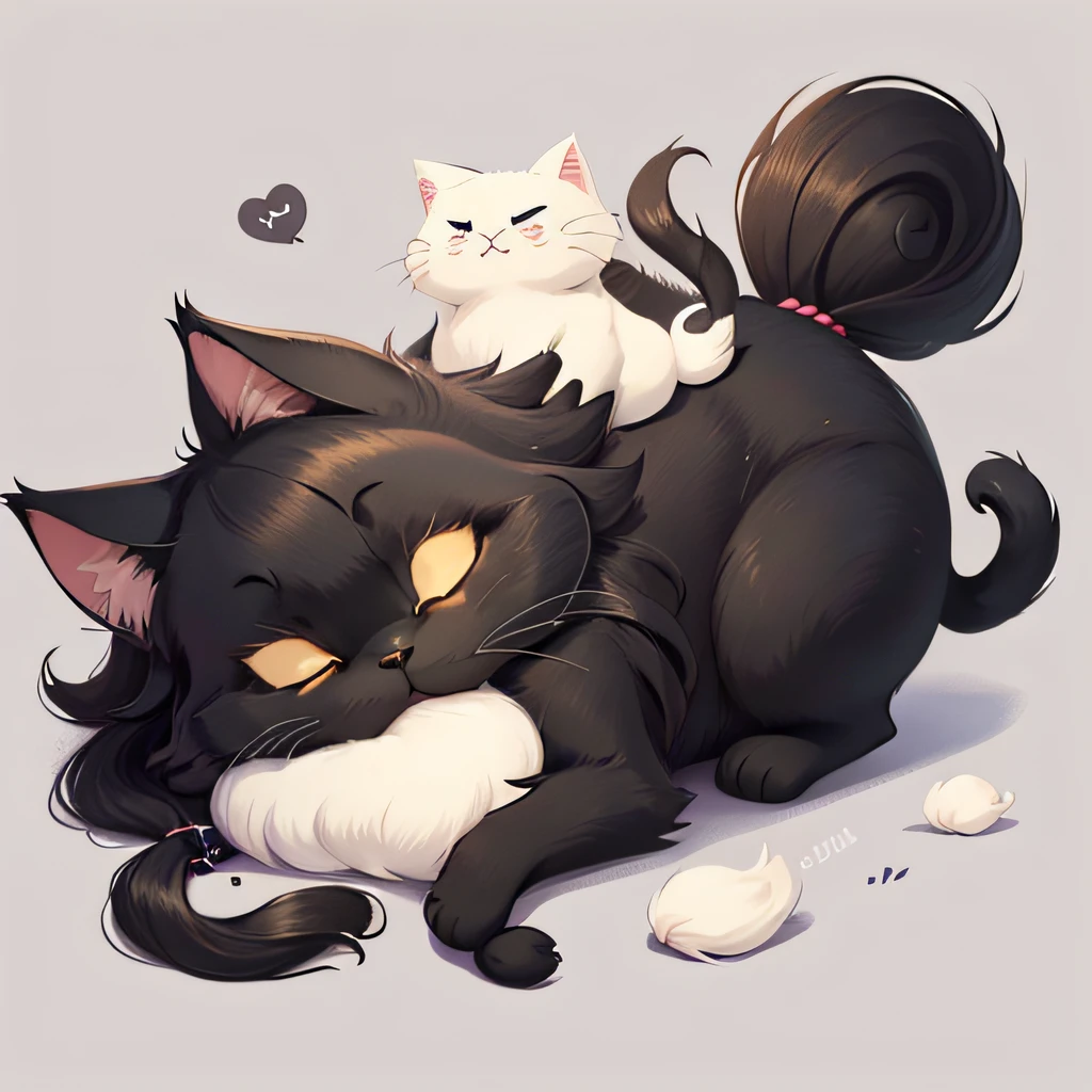 A long-haired black cat with white breast, cartoon visual of a cute cat, cartoon cat, kawaii cat, cute cat, cute detailed digital art, cute detailed artwork, sleeping