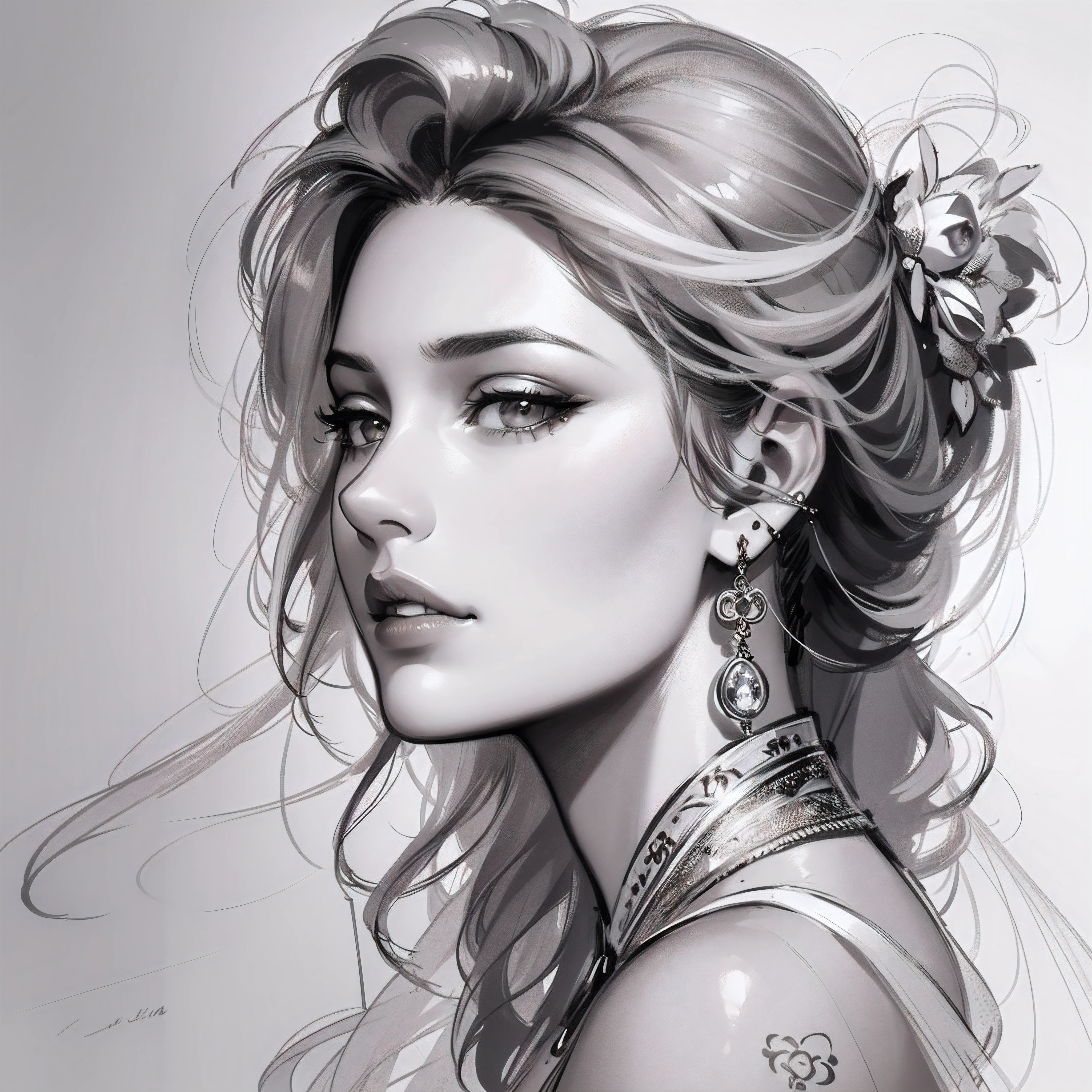a drawing of a woman with long hair and earrings, detailed beauty portrait, detailed beautiful portrait, realistic digital drawing, extremely detailed woman, elegant digital painting, detailed woman, detailed illustration portrait, epic portrait illustration, stunning drawing, beautiful drawing style, beautiful gorgeous digital art, beautiful art uhd 4 k, realistic sketch, elegant drawing, high quality sketch art