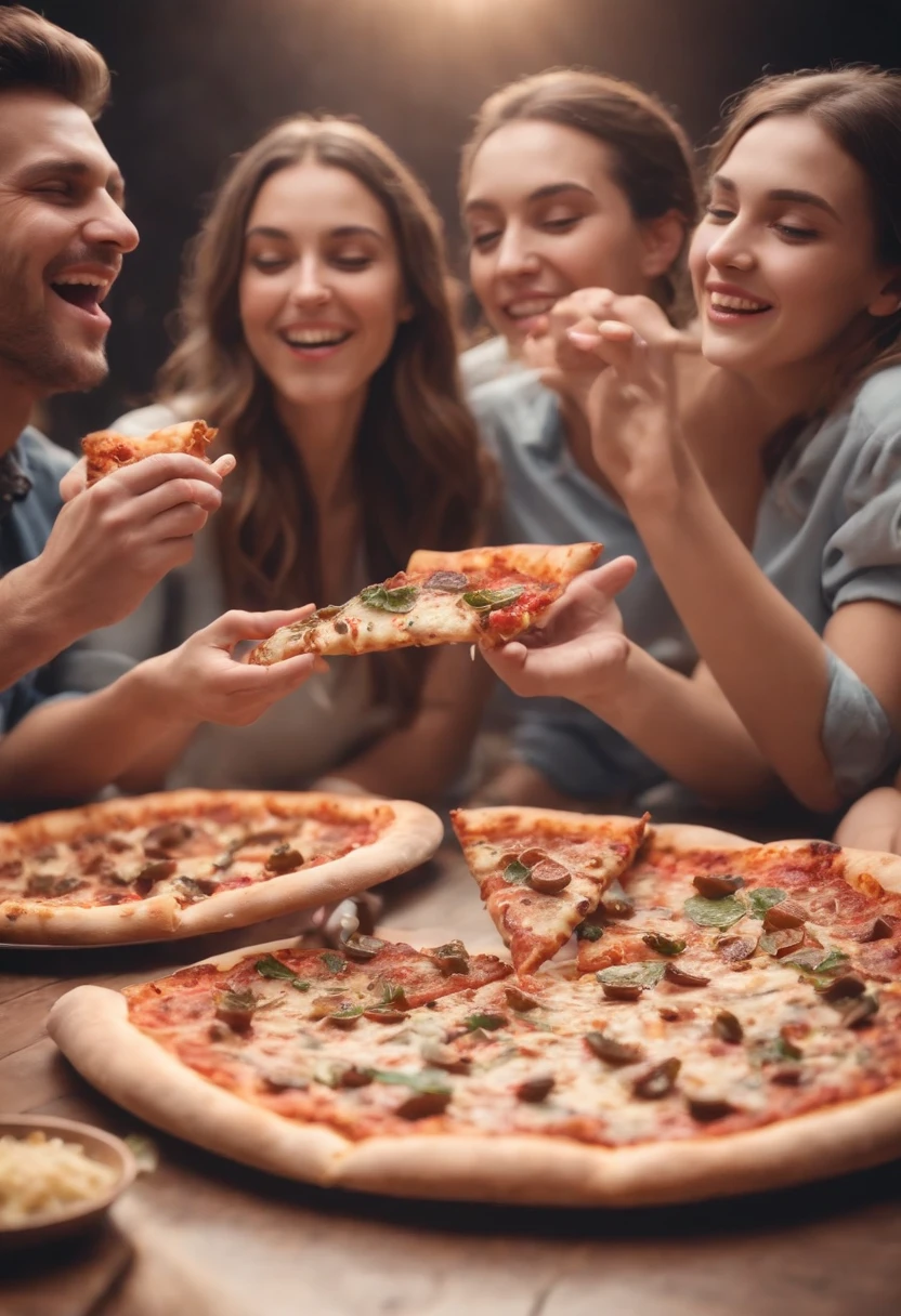 multi ethnic people celebrating in a event eating thin crust pizza