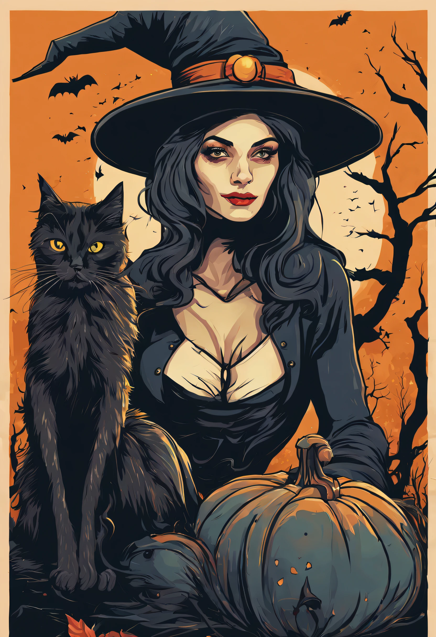 High quality design vector style image, t-shirt print style, graphic art white background of a Halloween style witch, bright and realistic colors, old style witch with a pointy hat, nose with a wart and a black cat at her side, fantasy style scenery halloween