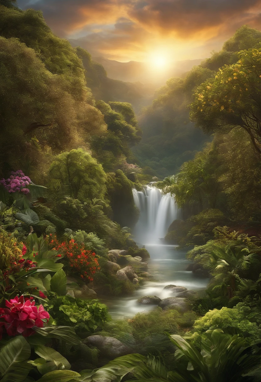 Por favor, create a stunning and realistic image of the Garden of Eden, as described in the Bible. The image should depict an earthly paradise, with clear rivers, lush trees, shipments of peaceful fruits and animals living harmoniously. Make sure the sunlight is radiating gently and comfortably over the scenery, destacando a beleza e a serenidade do local. The image should be in high definition (pelo menos 19024x575 ) where the serpent and mace of sin must appear