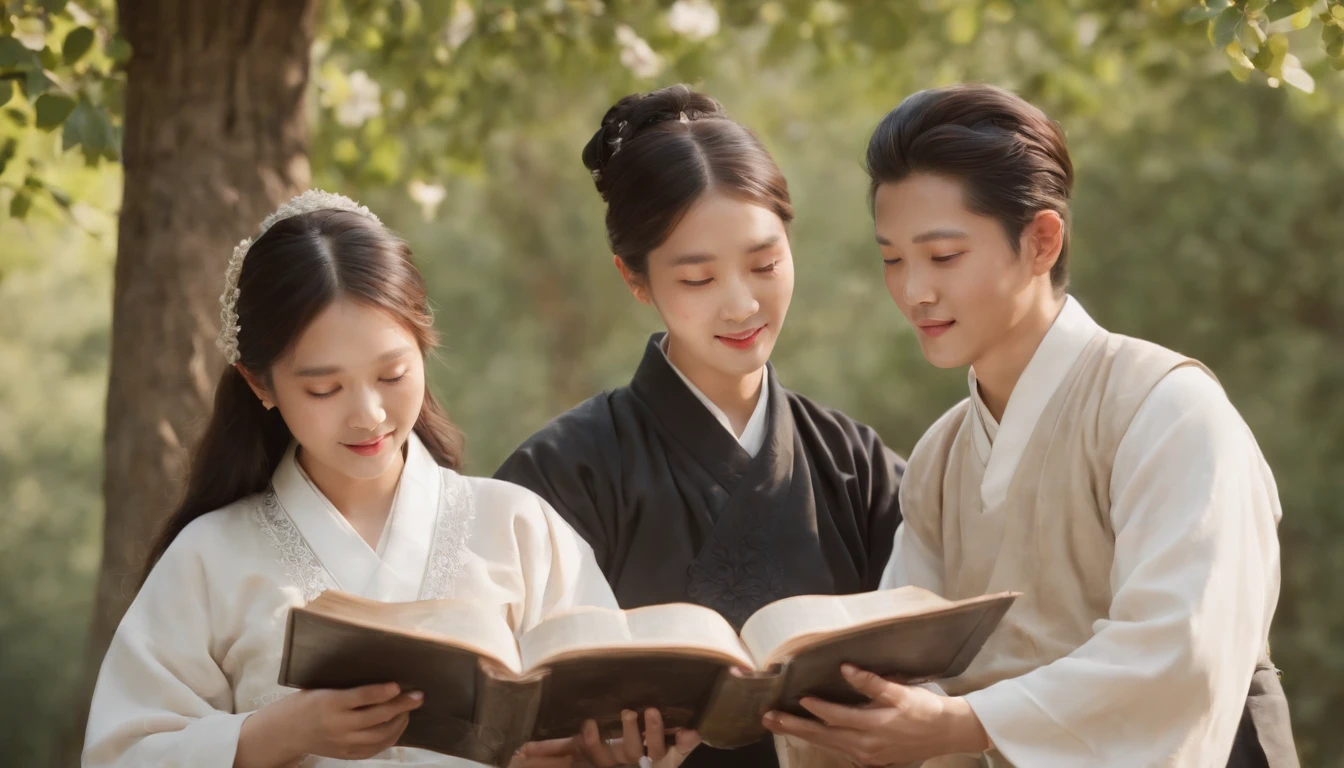 (Best Quality,Ultra-detailed,realisitic:1.37),portrait of a,Korean men and women reading the Bible,Oil Painting,Traditional Korean Costume,Peaceful garden scene,Soft sunlight,tranquil expression,wisdom,Bible Quotes,vibrant colours,delicate brushwork,subtle textures,lush greenery,Contemplative atmosphere,Beautiful picture book,Highlighted features:Eyes in focus,gentle smiling,Graceful posture,Sunlight shining through the trees,rays,Quiet surroundings,serene ambiance,A Blessed Moment