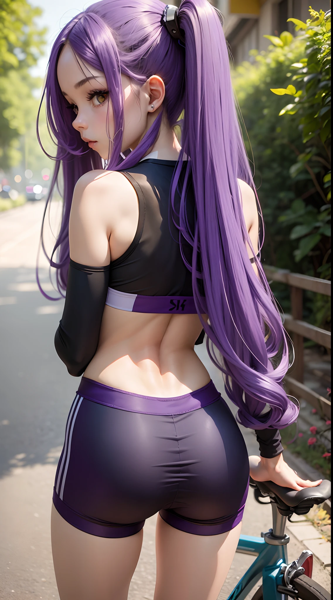 Girl with long purple hair slim, cuteface, little chest, In cycling shorts and a tank top, seen from behind