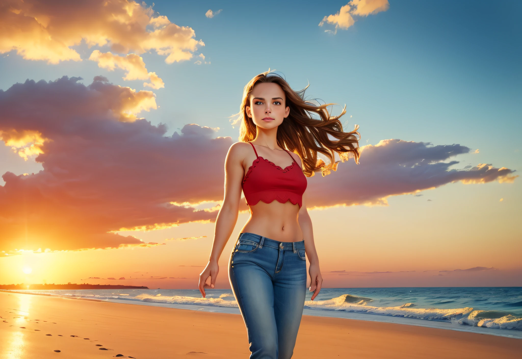 (masterpiece,ultra-detailed,realistic:1.37) full-body shot portrait,toptank,a young girl,natalie portman in a (red top scalloped red straps),tank top,midriff and (jeans),high detailed face,cute face,high detailed eyes,beautiful eyelids,wonderful pupils,looking at camera,front body view,hands on sides,beautiful fingers,4k,toptank,golden hour of the sun reflects on face,so lovely scene,most beautiful woman to fall in love,adequate,mesmerizing,,walking on the beach,sunny day,ocean shore,clear air,wonderful beach background,32 k,mucha art style