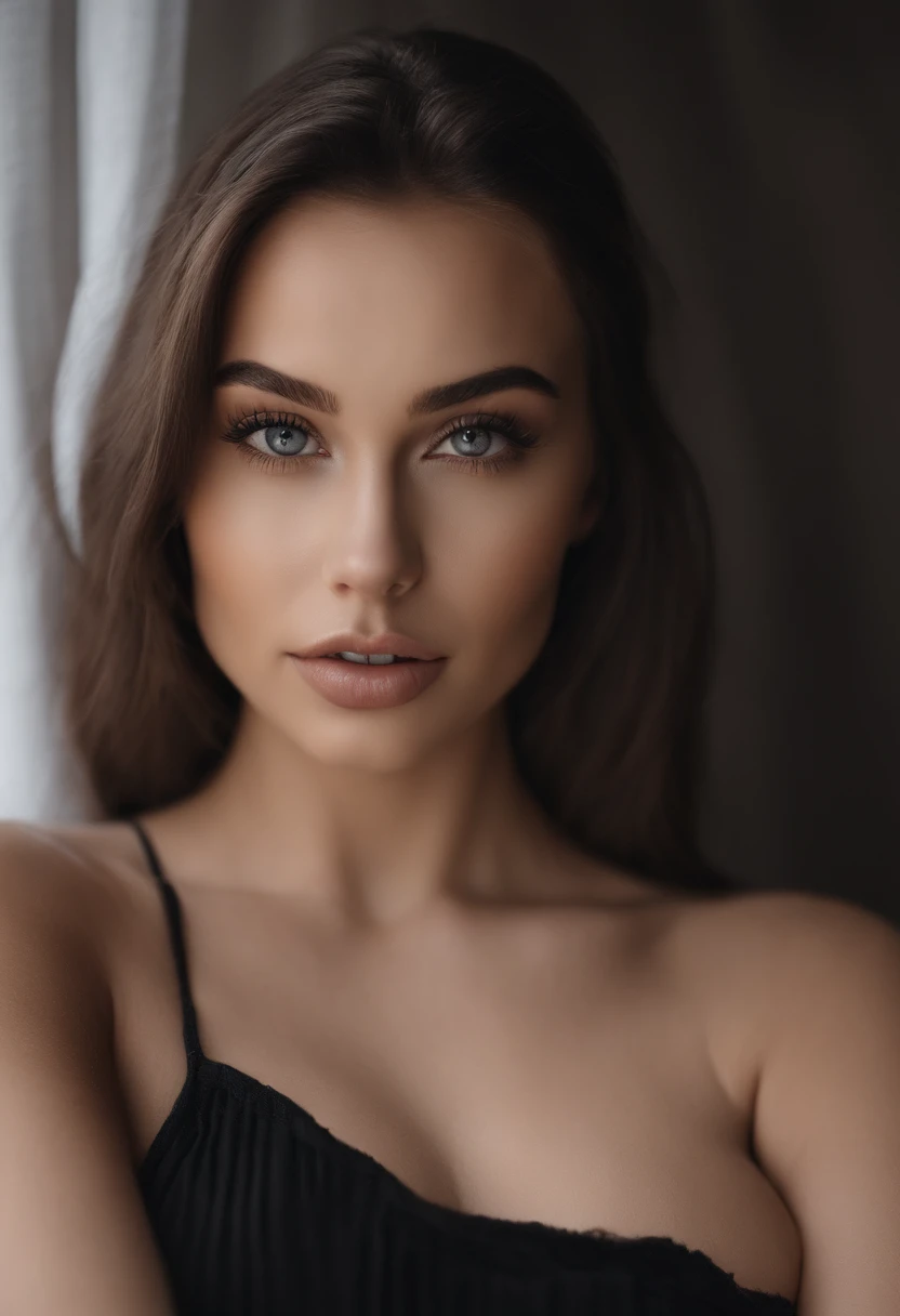 Femme arafed nue, fille sexy aux yeux bruns, Portrait Sophie Mudd, cheveux bruns et grands yeux, selfie of a young woman, Yeux de chambre, Violet Myers, sans maquillage, maquillage naturel, looking straight at camera, Visage avec Artgram, Maquillage subtil, Superbe photo du corps entier, clivage, sitting at table, porno, gros seins, big boobs.