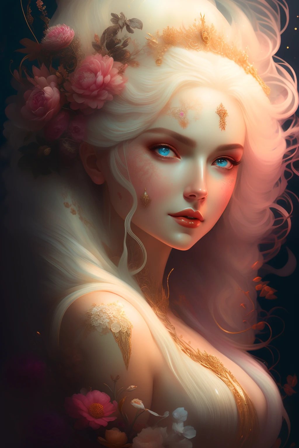 ((gorgeous princess)), (with long flowing white hair), (bright and beautiful eyes), trending on Art Station, flower of hope by Jean-Honor Fragonard, Peter mohrbacher, super detailed, crazy details , stunning sophisticated elite art nouveau ornate liquid wax elegant luxurious greg rutkowski ink style sticker vector art beautiful character design double exposure shot luminous design, winning entry, masterpiece, amoled black background,