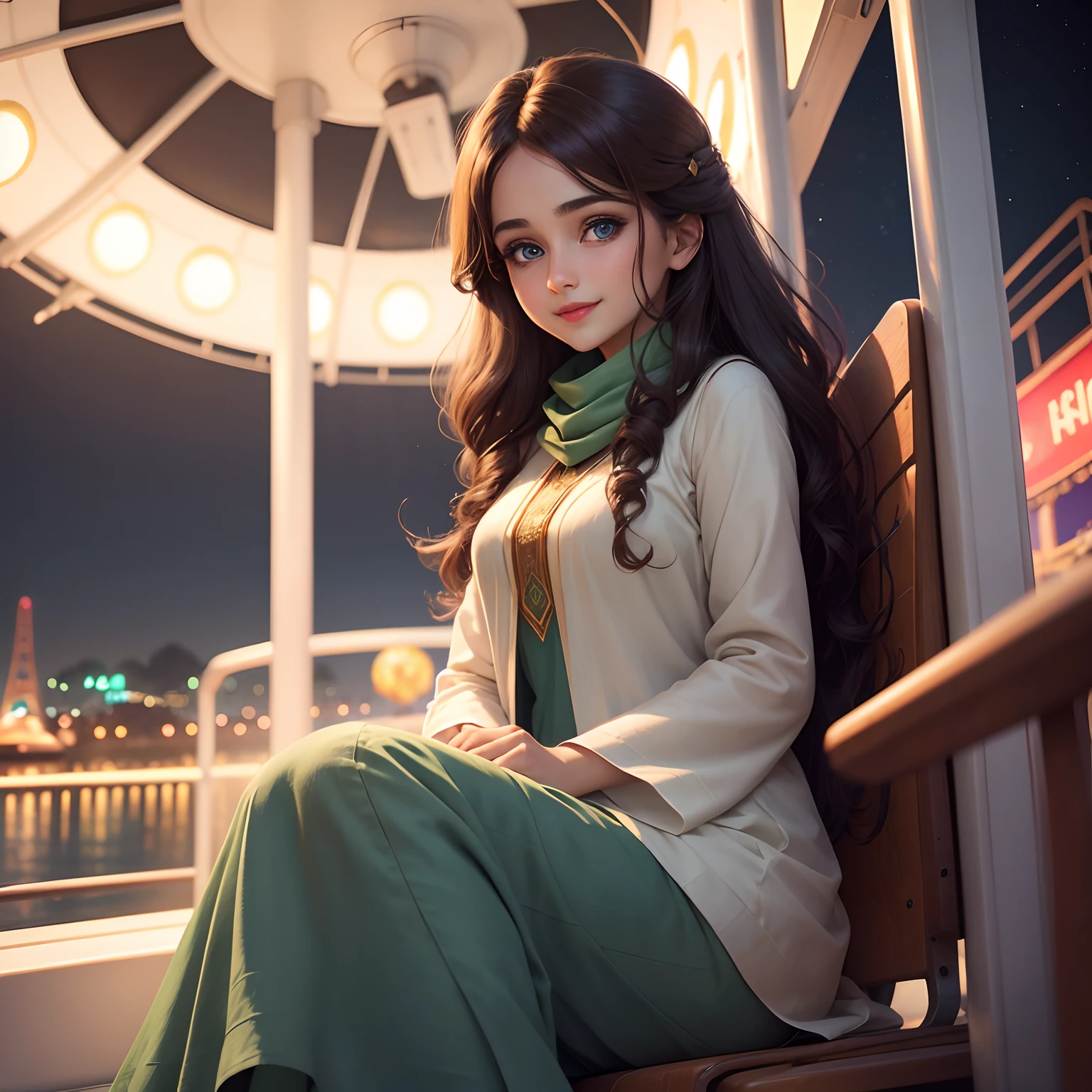 Araffe girl sitting on a bench in a green dress - SeaArt AI