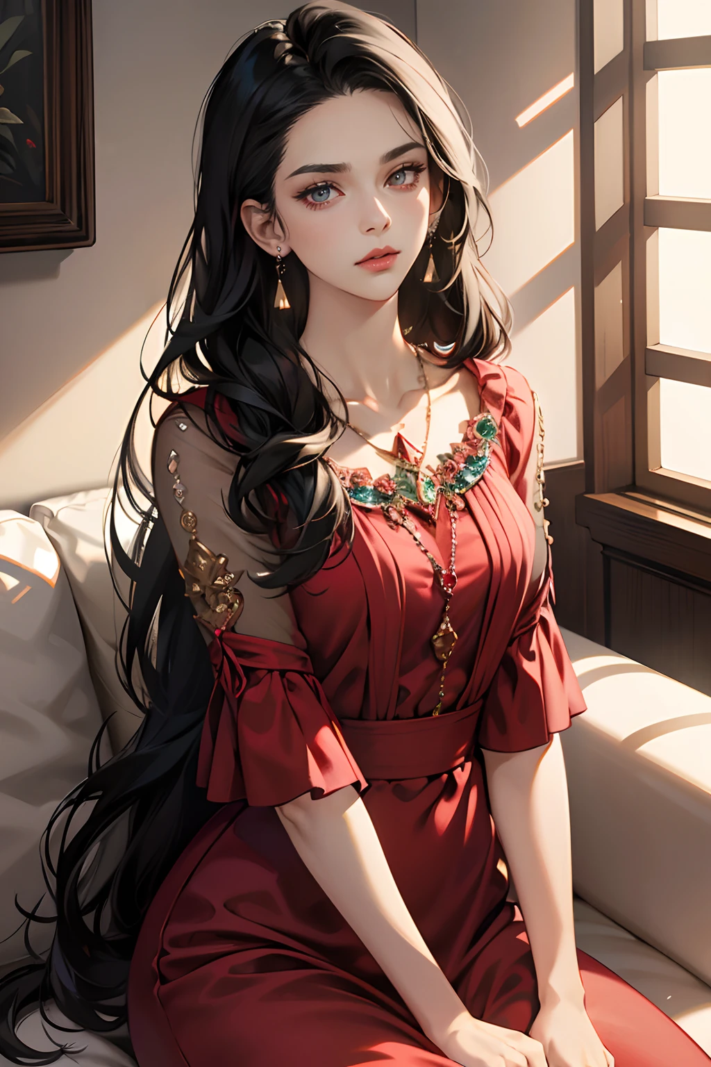 (tmasterpiece,high resolution,ultra - detailed:1.0),1 girl,perfect female body,(adult female:1.3), eyes looking to camera,extremely detailed CG,Unity 8k wallpaper,complicated details,color difference,depth of field,solo person, detailed face, (red dress,diamond earring,diamond necklace,long black hair,lipstick,serious expression),grand ballroom,sit on the sofa,show forehead,color difference,depth of field,dramatic shadow,ray tracing,best quality,cinematic lighting,offcial art,