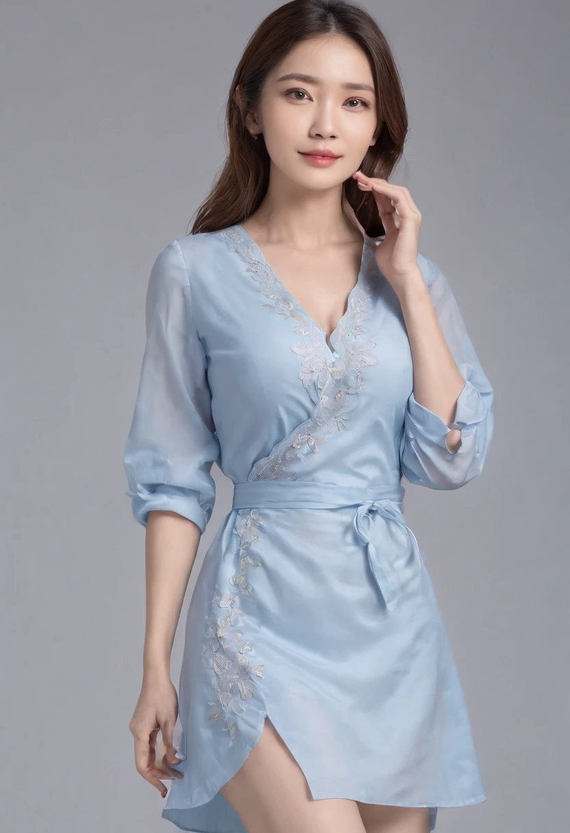 ((top-quality、8K、フォトリアリスティック,tmasterpiece:1.3))、RAW photos,47-year-old mature woman squatting in a white shirt skirt,Fine lines on the face,Elegant feminine,Happy and charming,(M cup:1.5 huge sagging chest contours)Obesity and breast sagging, Wide fat hip bone,Enlarged pelvis,Moisturizes skin, Sweaty skin, Wavy brunette hair,Black color hair,The light blue dress is decorated with intricate embroidery patterns,Blue hip apron,47-year-old mature woman,The background is blurred out,wearing tight simple clothes, 40 years old women, wearing tight shirt,dramatic lighting,hard lighting