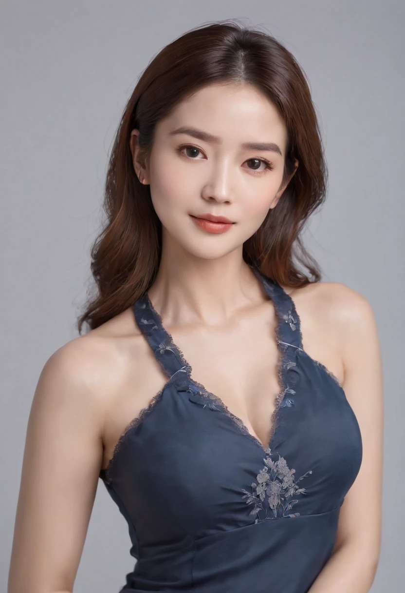 ((top-quality、8K、Photorealsitic,tmasterpiece:1.3))、RAW photos,47-year-old mature woman squatting in a white shirt skirt,Fine lines on the face,Elegant feminine,Happy and charming,(M cup:1.5 huge sagging chest contours)Obesity and breast sagging, Wide fat hip bone,Enlarged pelvis,Moisturizes skin, Sweaty skin, Wavy brunette hair,Black color hair,The light blue dress is decorated with intricate embroidery patterns,Blue hip apron,47-year-old mature woman,The background is blurred out,wearing tight simple clothes, 40 years old women, wearing tight shirt,dramatic lighting,hard lighting