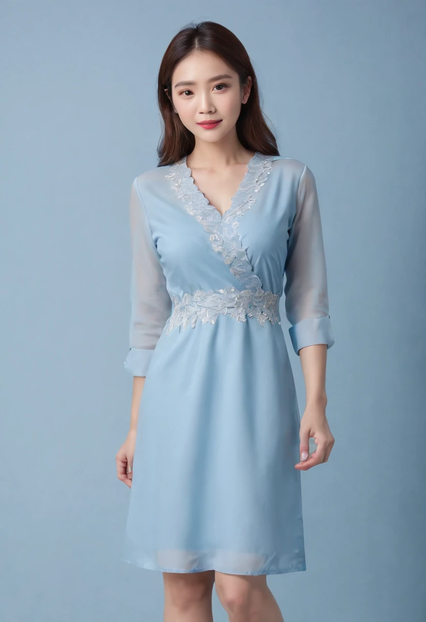 ((top-quality、8K、フォトリアリスティック，tmasterpiece:1.3))、RAW photos，47-year-old mature woman squatting in a white shirt skirt，Fine lines on the face，Elegant feminine，Happy and charming，（M cup：1.5 huge sagging chest contours）Obesity and breast sagging, Wide fat hip bone，Enlarged pelvis，Moisturizes skin, Sweaty skin, Wavy brunette hair,Black color hair，The light blue dress is decorated with intricate embroidery patterns，Blue hip apron，47-year-old mature woman，The background is blurred out，wearing tight simple clothes, 40 years old women, wearing tight shirt,dramatic  lighting，hard lighting