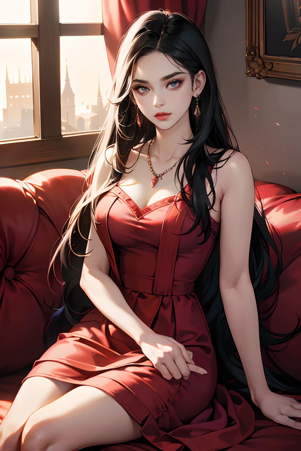 1 girl,Perfect female body,Adult female, eyes looking to camera,(Red evening dress,Silver Necklaces and earrings,black hair),Sit in sofa, forehead,dramatic shadow, Ray tracing,(tmasterpiece, high resolution, ultra - detailed:1.0), Portrait, Noble women
