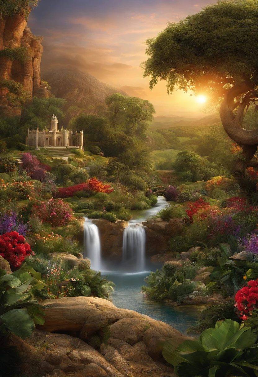 Por favor, create a stunning and realistic image of the Garden of Eden, as described in the Bible. where the serpent and mace of sin must appear
