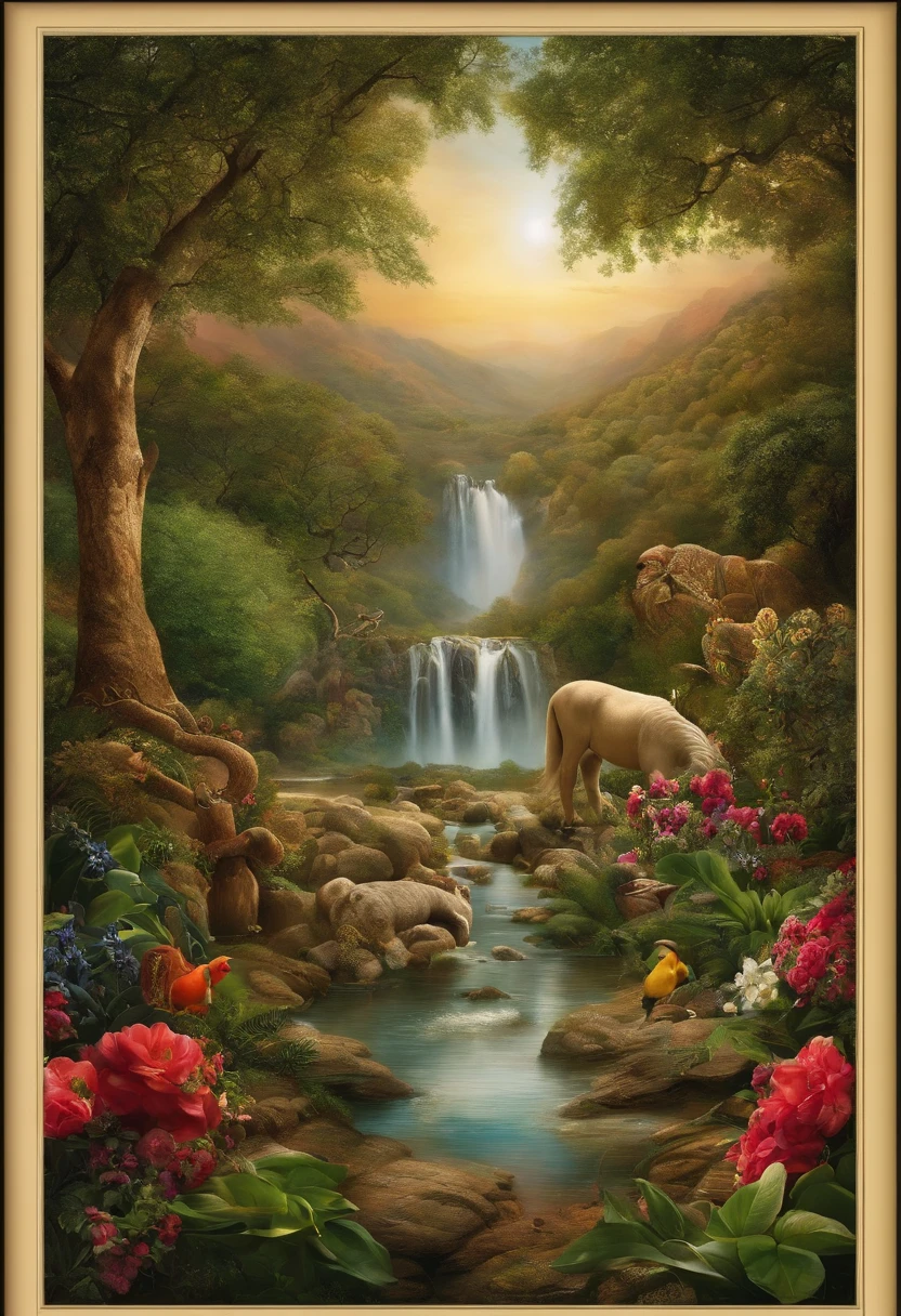 Por favor, create a stunning and realistic image of the Garden of Eden, as described in the Bible. where the serpent and mace of sin must appear