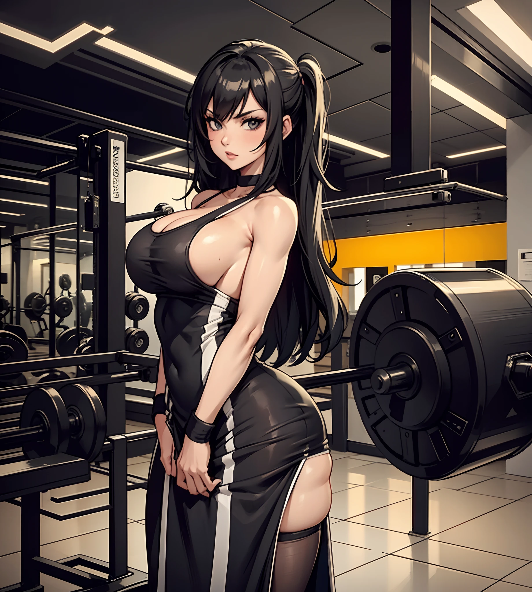 1woman in a black and white dress posing for a picture, in a gym, fit girl, big tits and big breast