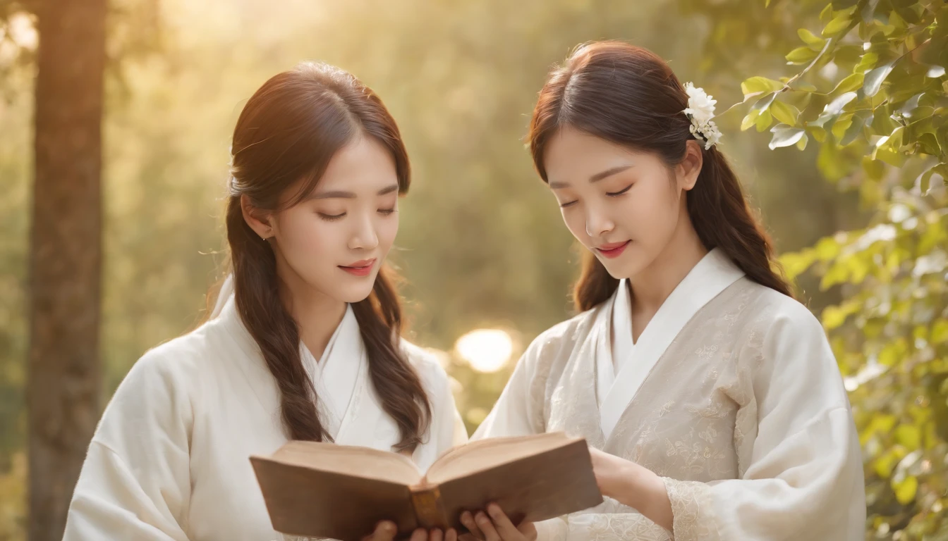 (Best Quality,Ultra-detailed,realisitic:1.37),portrait of a,Korean men and women reading the Bible,Oil Painting,Traditional Korean Costume,Peaceful garden scene,Soft sunlight,tranquil expression,wisdom,Bible Quotes,vibrant colours,delicate brushwork,subtle textures,lush greenery,Contemplative atmosphere,Beautiful picture book,Highlighted features:Eyes in focus,gentle smiling,Graceful posture,Sunlight shining through the trees,rays,Quiet surroundings,serene ambiance,A Blessed Moment