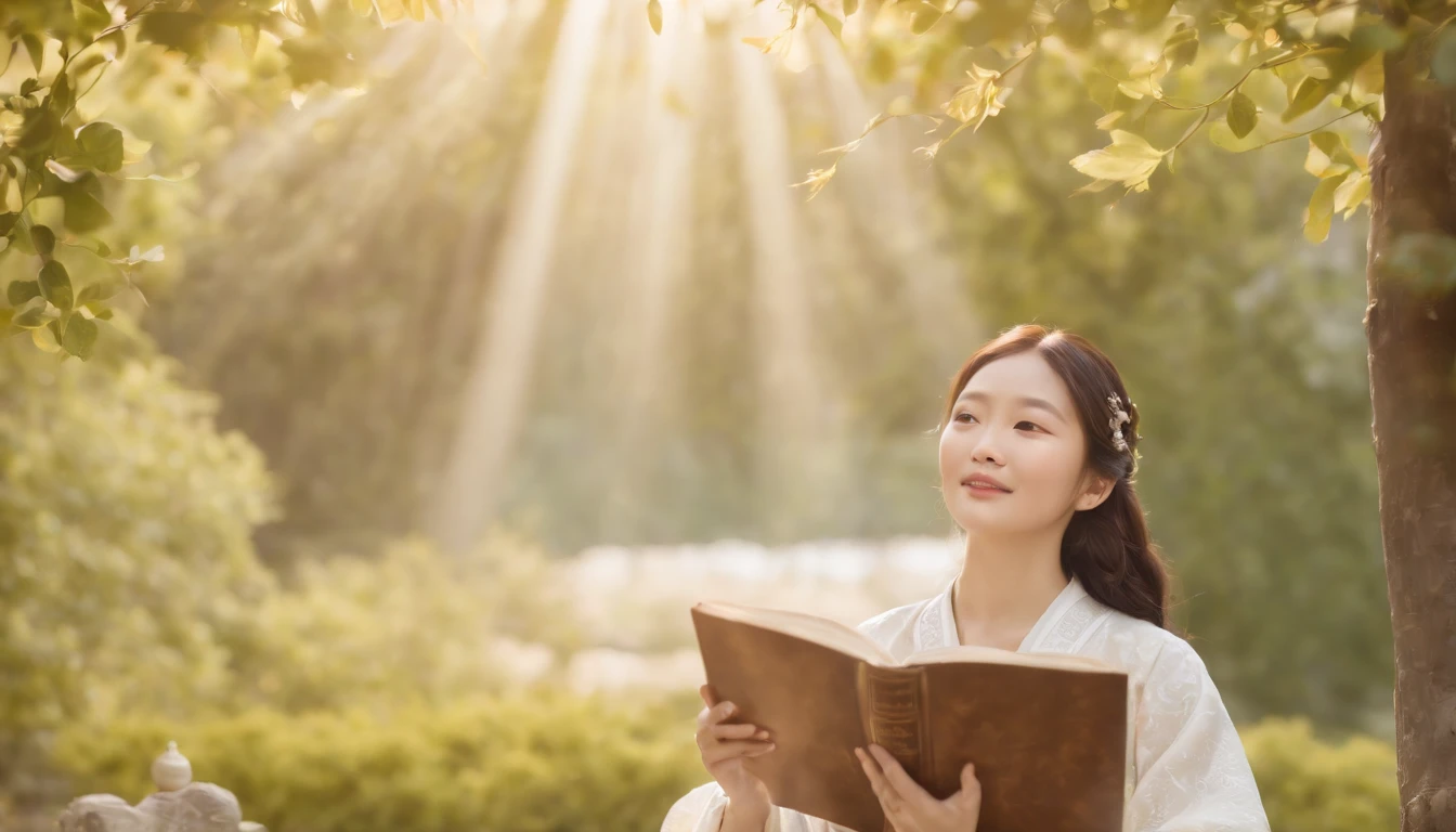 (Best Quality,Ultra-detailed,realisitic:1.37),portrait of a,Korean men and women reading the Bible,Oil Painting,Traditional Korean Costume,Peaceful garden scene,Soft sunlight,tranquil expression,wisdom,Bible Quotes,vibrant colours,delicate brushwork,subtle textures,lush greenery,Contemplative atmosphere,Beautiful picture book,Highlighted features:Eyes in focus,gentle smiling,Graceful posture,Sunlight shining through the trees,rays,Quiet surroundings,serene ambiance,A Blessed Moment