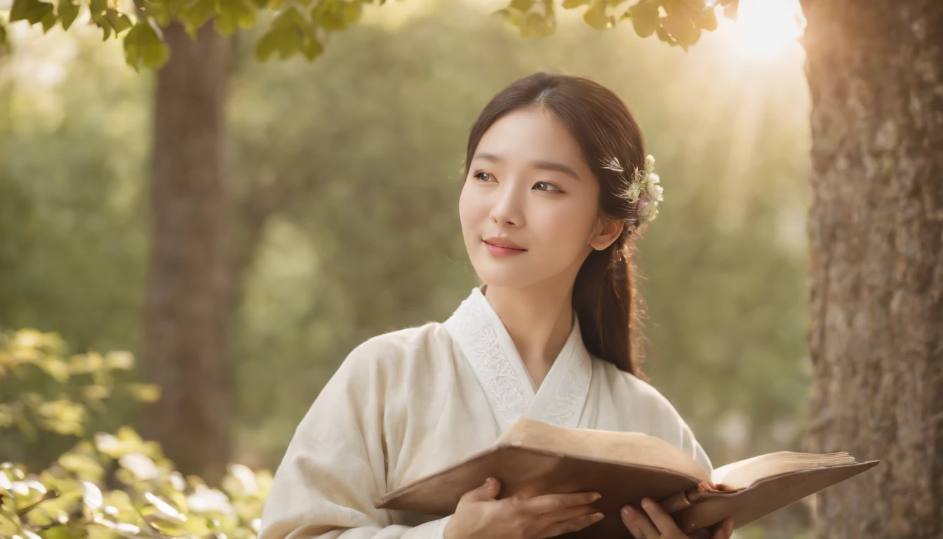 (Best Quality,Ultra-detailed,realisitic:1.37),portrait of a,Korean men and women reading the Bible,Oil Painting,Traditional Korean Costume,Peaceful garden scene,Soft sunlight,tranquil expression,wisdom,Bible Quotes,vibrant colours,delicate brushwork,subtle textures,lush greenery,Contemplative atmosphere,Beautiful picture book,Highlighted features:Eyes in focus,gentle smiling,Graceful posture,Sunlight shining through the trees,rays,Quiet surroundings,serene ambiance,A Blessed Moment
