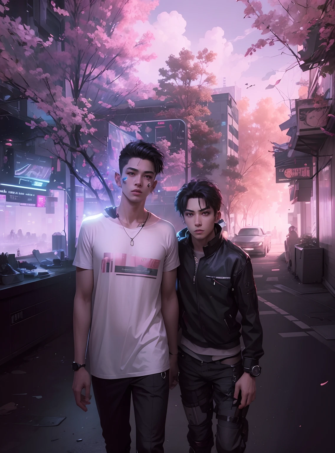 change background, cyberpunk, handsome boys,realistic face,short hair of two boys, smart watch in hand, 8k, ultra realistic