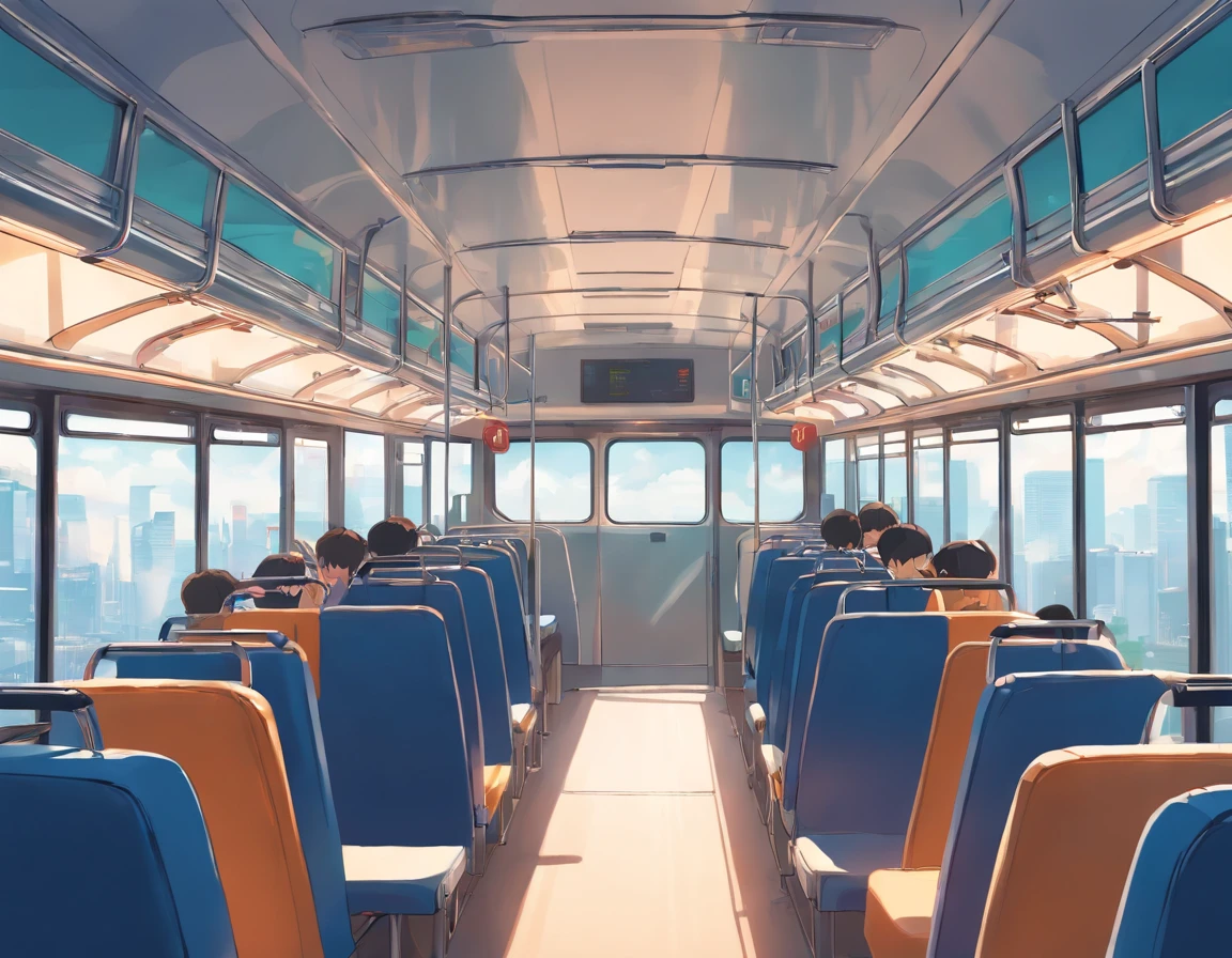 Stretched bus from Chengdu，simple illustration, It has a solid color, perspectiva frontal, linhas pretas em negrito, em um fundo branco.