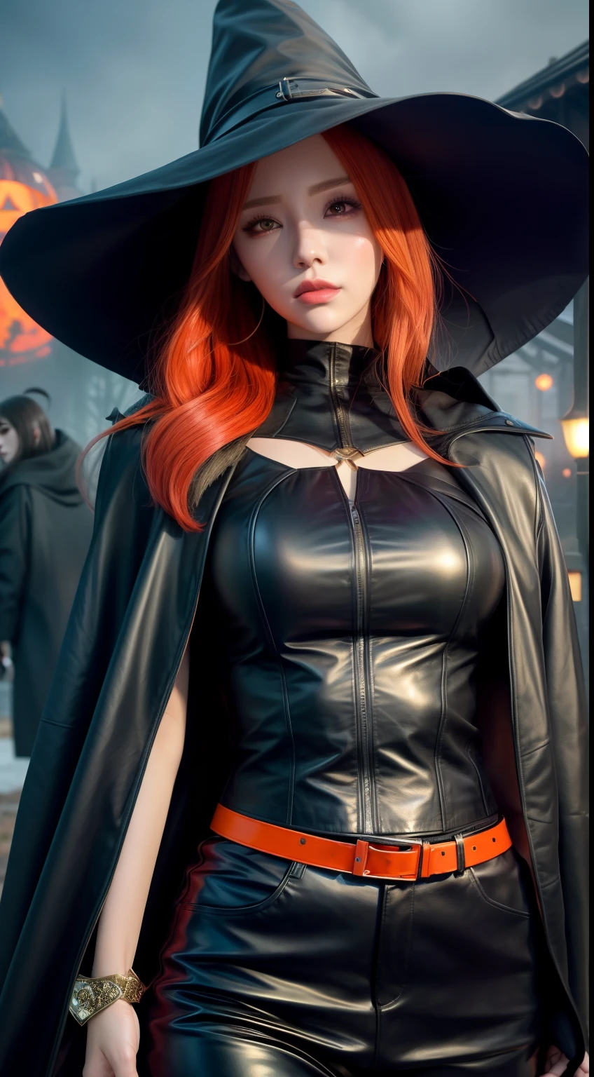 a close up of a woman, witch, orange hair, crop jacket, y2k, witch outfit, ugliness in beauty, pants leather, cloak witch, skirt leather, leather shirt, legging, guweiz, by Yang J, extremely detailed artgerm, wlop | artgerm, halloween art style, mysterious maiden anime girl, guweiz on artstation pixiv, artwork in the style of guweiz, artgerm and rossdraws, midshot, centered image, in a night witch garden, poison