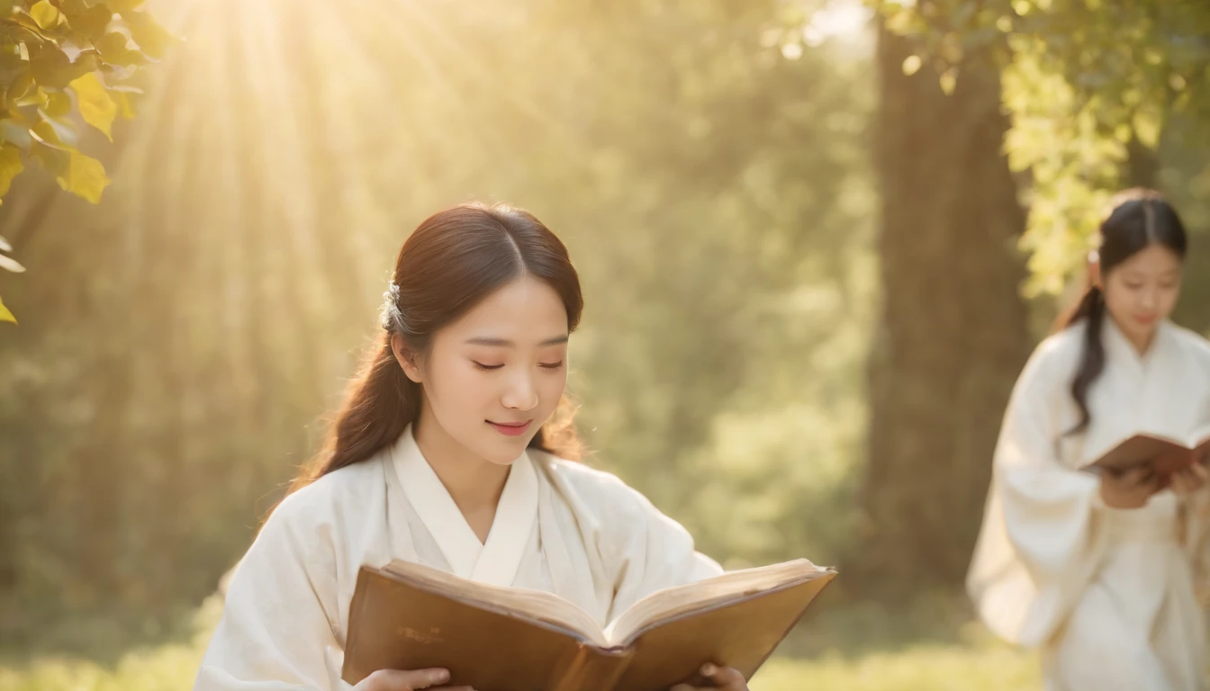 (Best Quality,Ultra-detailed,realisitic:1.37),portrait of a,Korean men and women reading the Bible,Oil Painting,Traditional Korean Costume,Peaceful garden scene,Soft sunlight,tranquil expression,wisdom,Bible Quotes,vibrant colours,delicate brushwork,subtle textures,lush greenery,Contemplative atmosphere,Beautiful picture book,Highlighted features:Eyes in focus,gentle smiling,Graceful posture,Sunlight shining through the trees,rays,Quiet surroundings,serene ambiance,A Blessed Moment