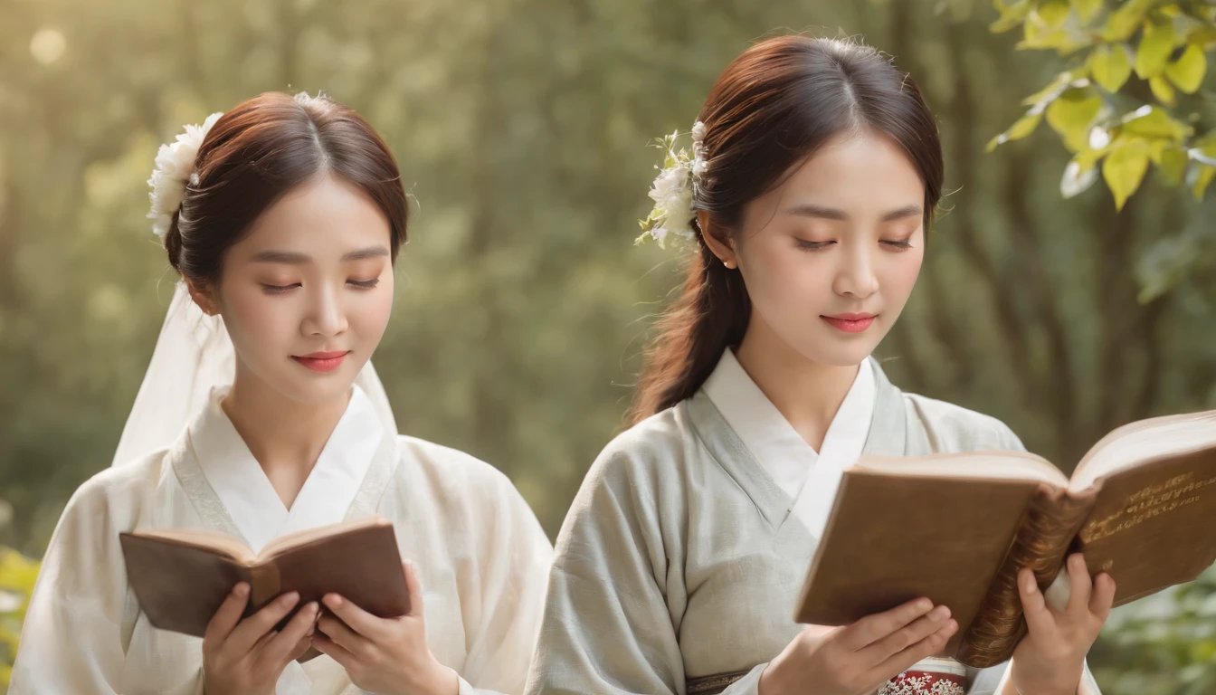 (Best Quality,Ultra-detailed,realisitic:1.37),portrait of a,Korean men and women reading the Bible,Oil Painting,Traditional Korean Costume,Peaceful garden scene,Soft sunlight,tranquil expression,wisdom,Bible Quotes,vibrant colours,delicate brushwork,subtle textures,lush greenery,Contemplative atmosphere,Beautiful picture book,Highlighted features:Eyes in focus,gentle smiling,Graceful posture,Sunlight shining through the trees,rays,Quiet surroundings,serene ambiance,A Blessed Moment