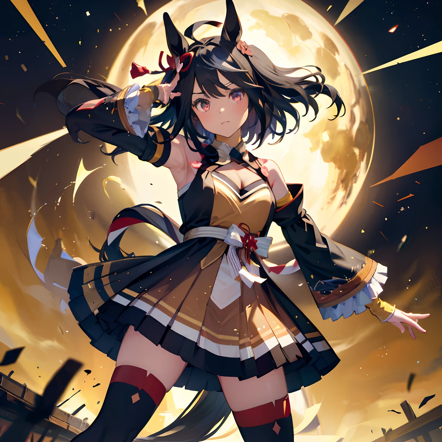 「​masterpiece,top-quality,a closeup,Face Shots,kitasan black_(Umamusume), 1girl in,Animal ears ,Horse ears ,Horse Girl ,Horse tail,masutepiece, Best Quality,Hair Ribbon, Hair Ornament, Fingerless gloves, yellow gloves, Komono, Long sleeves, Wide sleeves, Detached sleeves, ???? shoulders, Clothes Cutout, cleavage cutout, Kohaku ship, Brown skirt, Pleated skirt, zettai ryouiki, black thighhighs, Sandals, red footwear, 」