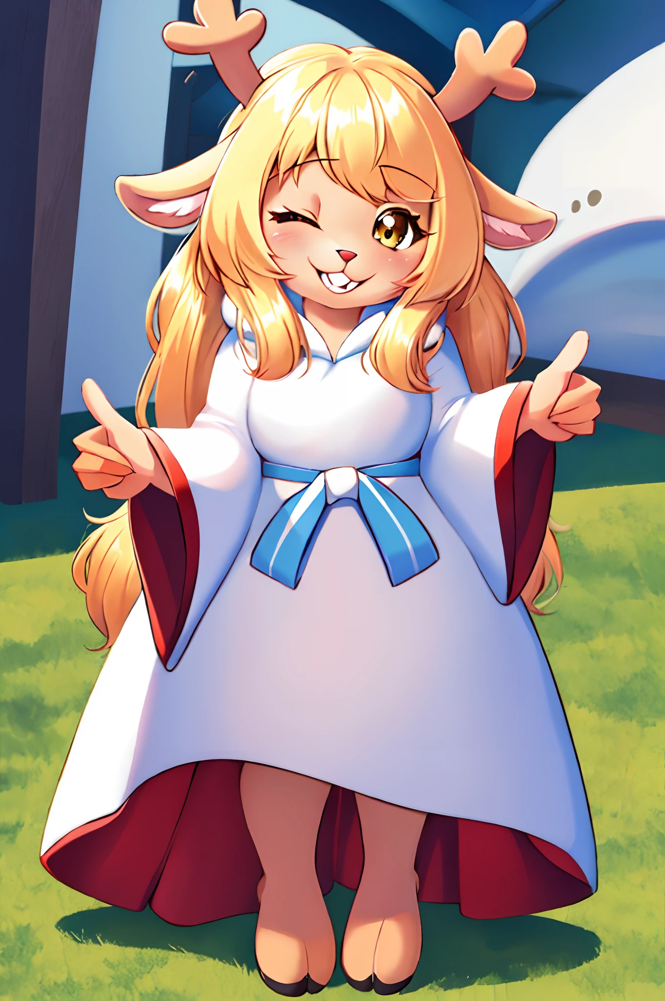 solo, cartoony, best quality, 1girl, noelleholiday, blonde hair, long hair, furry, white dress, smile, one eye closed, , upper teeth, round teeth,,standing, full body, fee