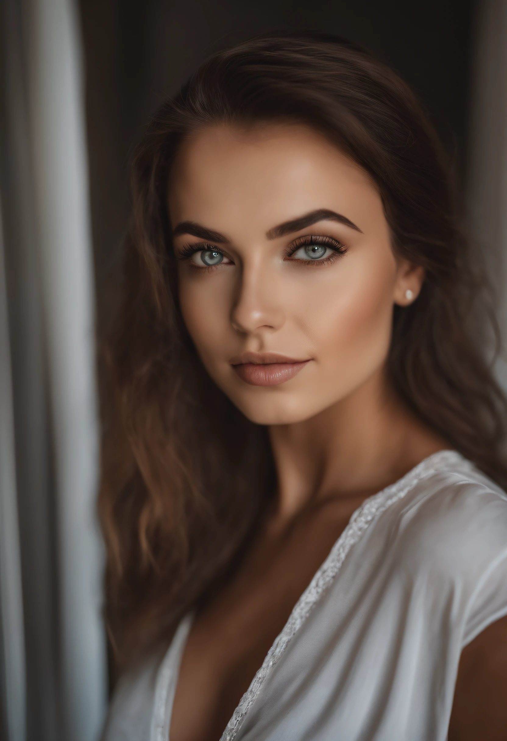 Arafed woman with a white tank top and necklace, fille sexy aux yeux verts, Portrait Sophie Mudd, cheveux bruns et grands yeux, selfie of a young woman, Yeux de chambre, Violet Myers, sans maquillage, maquillage naturel, looking straight at camera, Visage avec Artgram, Maquillage subtil, Superbe photo du corps entier, piercing green eyes, Bel angle, pose attrayante, fille mignonne, sexy pose, Image du corps entier, corps entier, Prise de vue du corps entier, brunette goddess, High detail, pose satisfaite, Pantalon en cuir