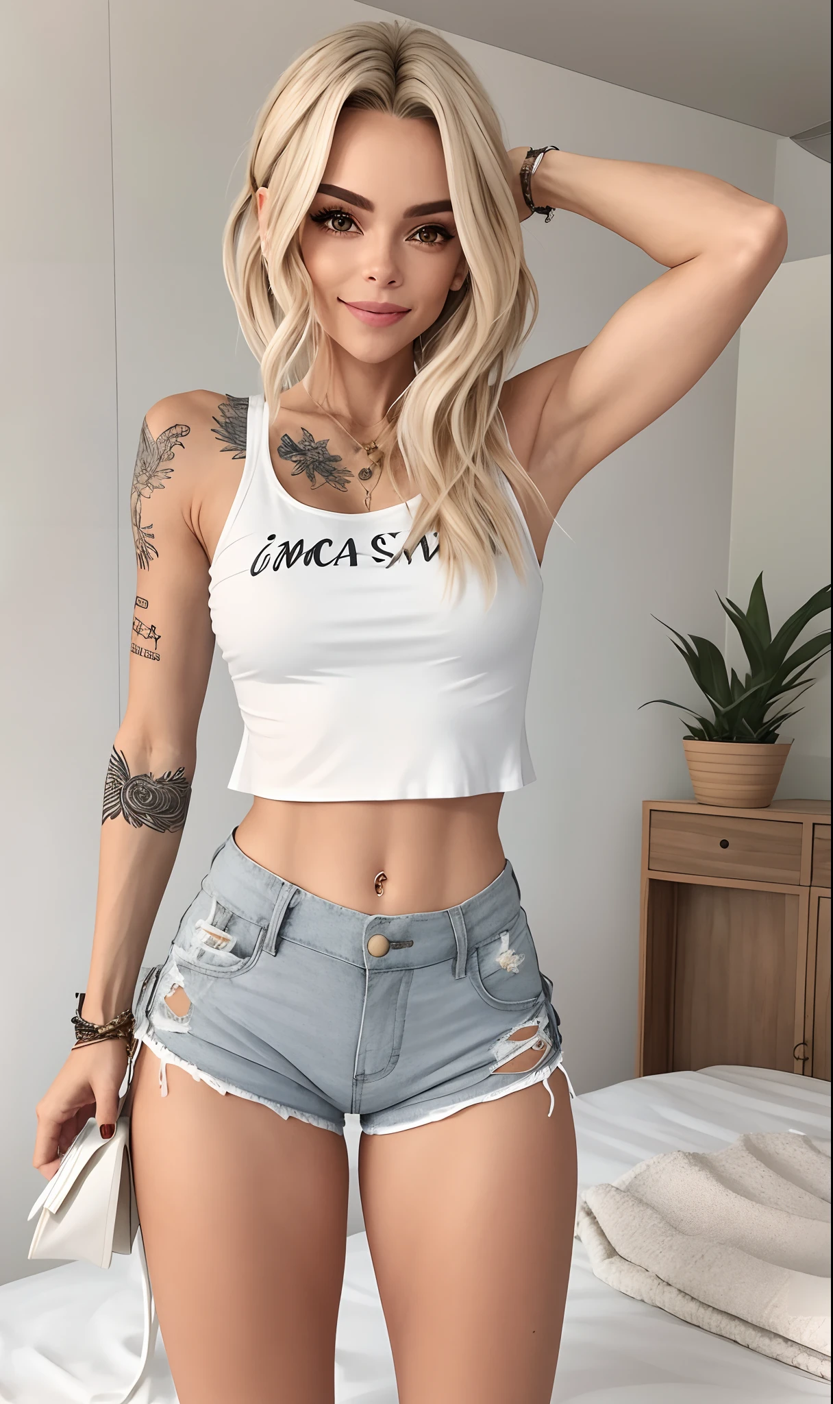 mulher loira na regata branca e shorts cinza posando na cama, bra and shorts streetwear, usando um top cropped sexy, roupa apertada, de bermuda, olhar sexy, branco e cinza, croptop e shorts, usando roupas simples e apertadas, vestido com um top e shorts, booty shorts, usando shorts, roupa sexy, midriff exposto, Encaixe figura delicada