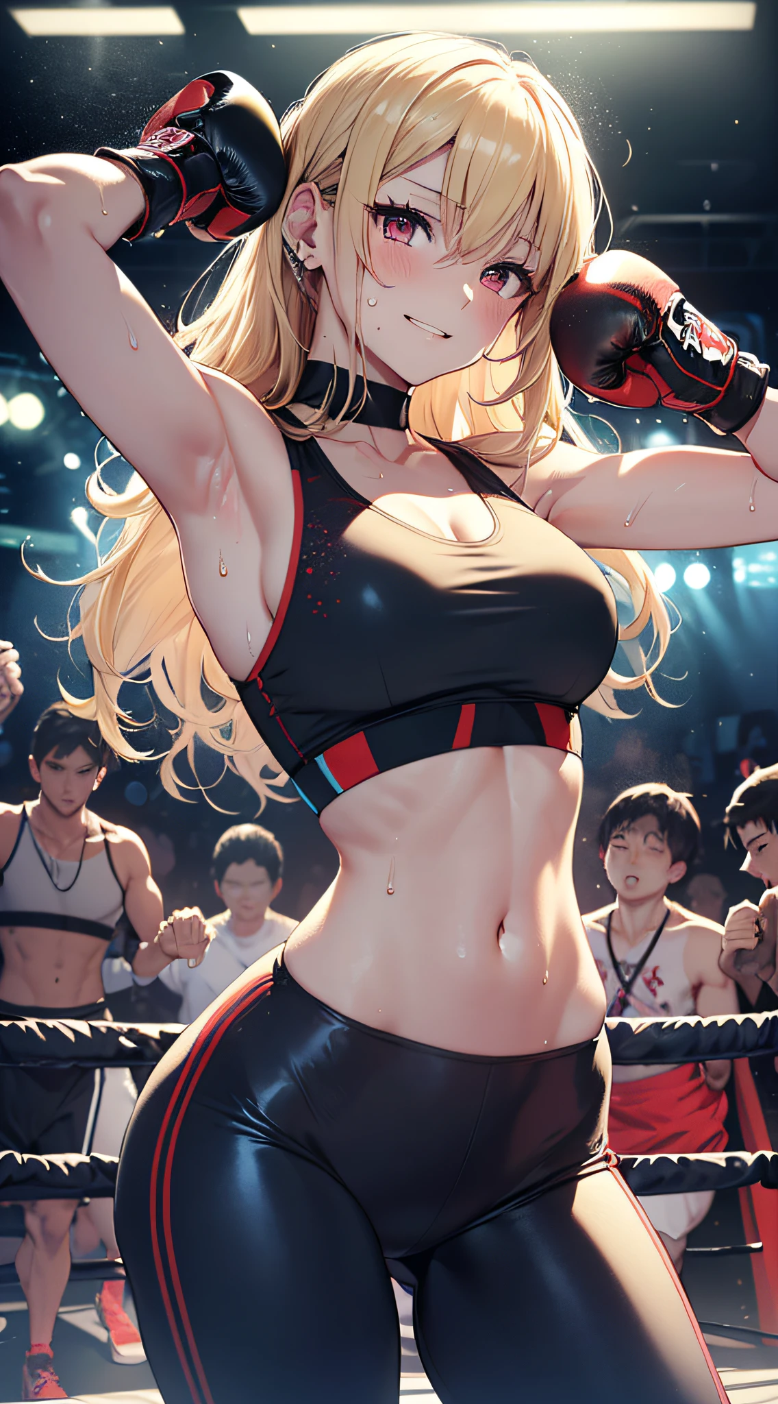 top-quality、Top image quality、masterpiece、girl with((18year old、Blue Sports Bra、Blue sports pants、Best Bust、Bust 90、Blonde longhair、Red Eyes、open chest wide、Valley、Happiness、A slender、ssmile,Fighting、Sweating、Splattering sweat、fitness、boxing、fighting poses、Straight punch with right hand))hiquality、Beautiful Art、Background with((nightclubs))、masutepiece、Elaborate design、visualart、