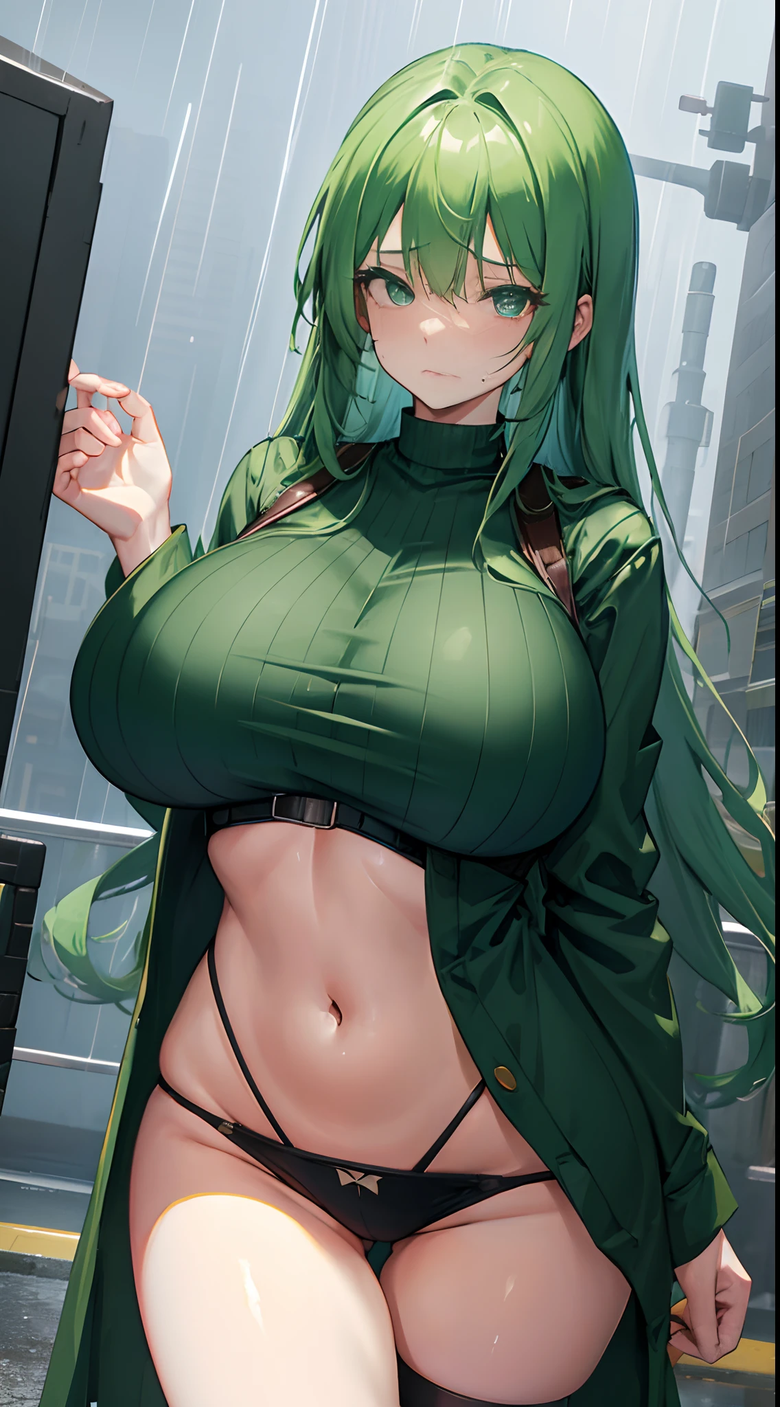 Green hair,super gigantic breasts,gigantic hip,With his back to the camera,weeping,Heavy rainy days