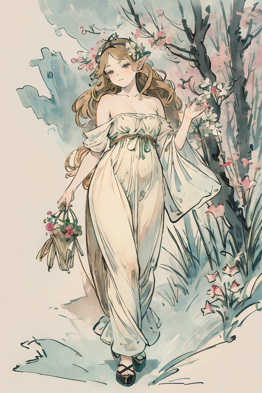 SFW,masutepiece, Best Quality, High resolution, 1girl in, Full body, Details Girl, detail hands, Detail fingers, Detail Face, detail legs, 1girl in, elf, Looking down, Flower Garden, Black sky, smog, watercolor paiting, pale skin, Petite, Blonde hair, Long hair, Wavy Hair, saddened, mournful cry, Green eyes, tareme, medium breasts, white sundress, Bare back,