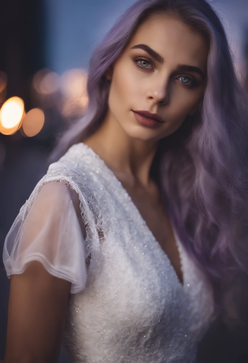 Close-up portrait of 18-year-old girl gray hair purple shiny eyes white dress night city
