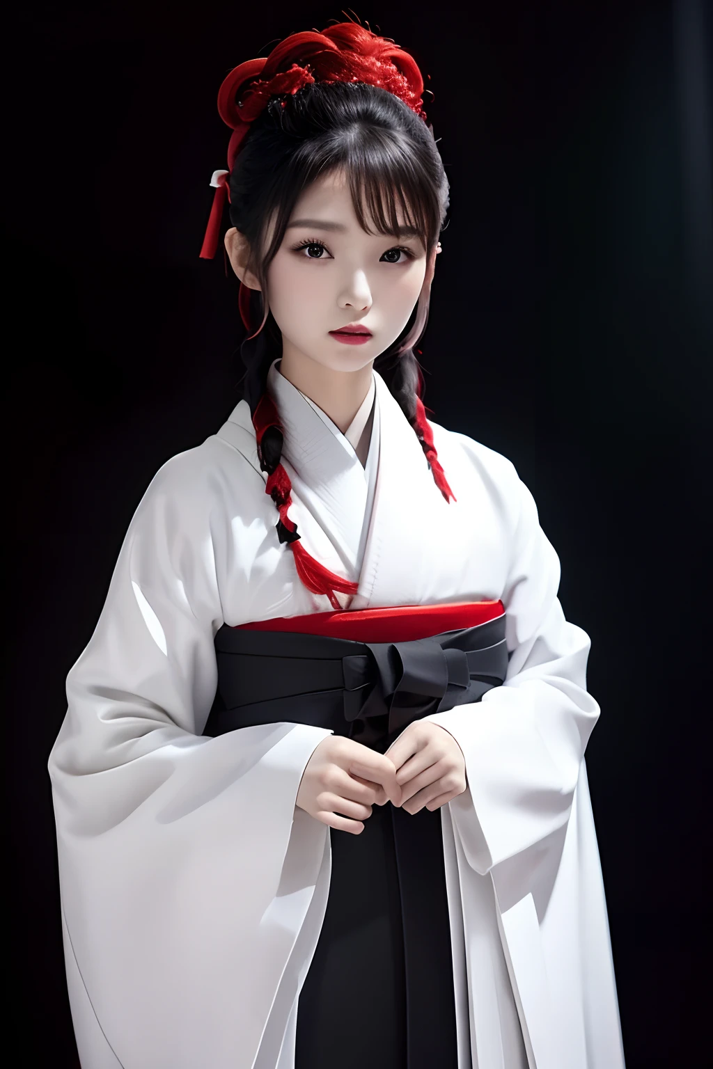 top-quality、​masterpiece、1 girl in、sixteen years old、Black background、Black background、Full Body Angle、White and black hakama、Hakama、Standing、black backgrounds、white  hair:1.5、Red Eyes、red-lips、white  clothes、Black and white world、Black and white world、light skinned、Side braid