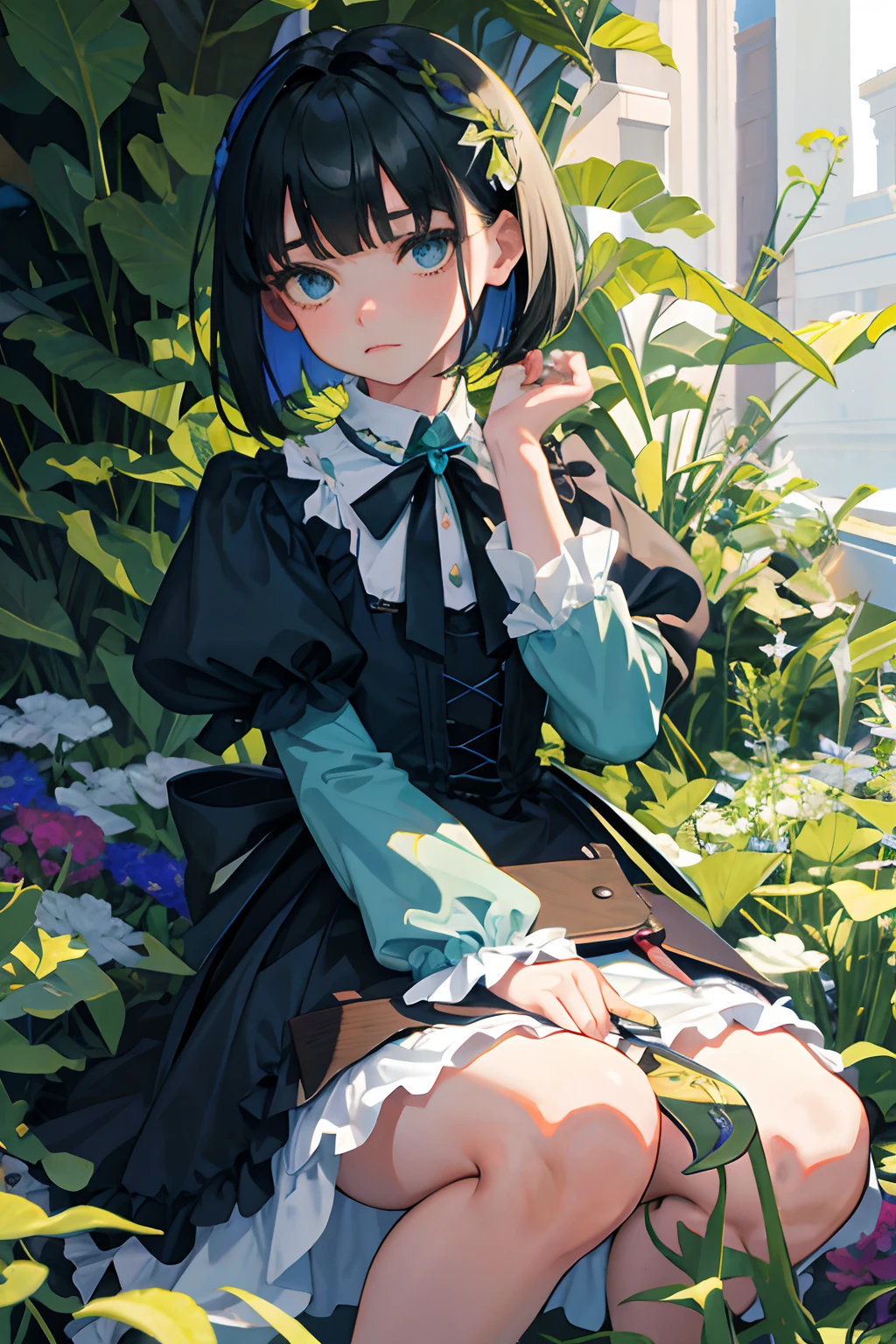 hand between legs,child,(masterpiece,Highest Quality),shortsleeves,Blue-green Gothic Lolita,Sleepy face,A dark-haired,Medium bob,flipped hair,utility knife,Small scissors,the woods