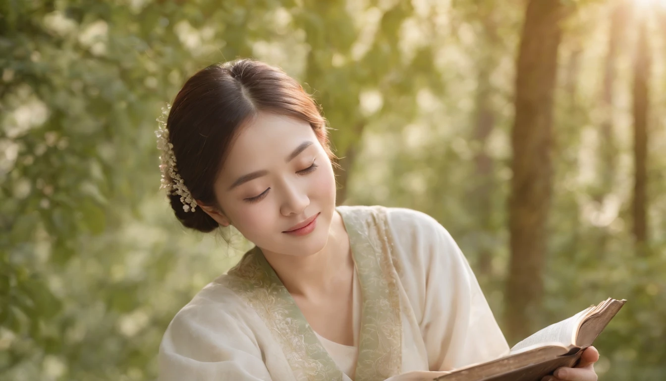 (Best Quality,Ultra-detailed,realisitic:1.37),portrait of a,Korean men and women reading the Bible,Oil Painting,Traditional Korean Costume,Peaceful garden scene,Soft sunlight,tranquil expression,wisdom,Bible Quotes,vibrant colours,delicate brushwork,subtle textures,lush greenery,Contemplative atmosphere,Beautiful picture book,Highlighted features:Eyes in focus,gentle smiling,Graceful posture,Sunlight shining through the trees,rays,Quiet surroundings,serene ambiance,A Blessed Moment