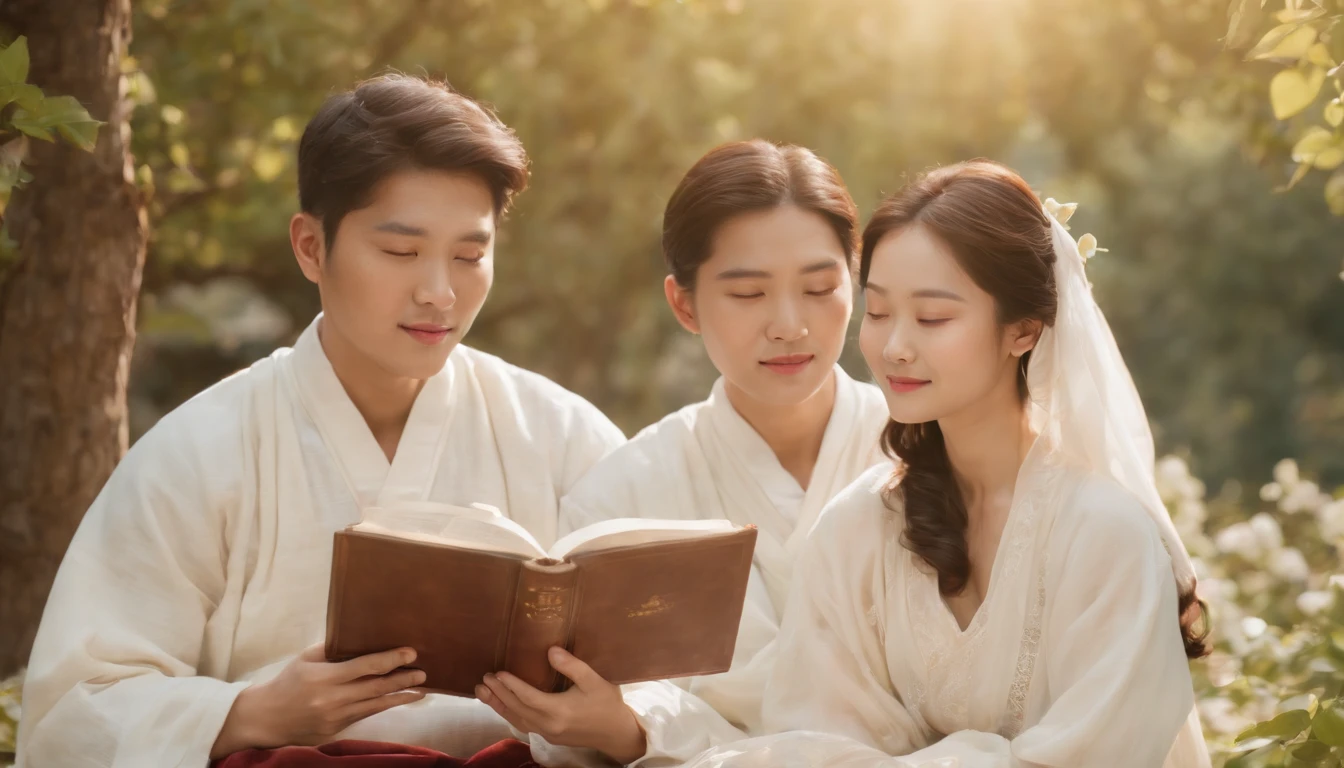 (Best Quality,Ultra-detailed,realisitic:1.37),portrait of a,Korean men and women reading the Bible,Oil Painting,Traditional Korean Costume,Peaceful garden scene,Soft sunlight,tranquil expression,wisdom,Bible Quotes,vibrant colours,delicate brushwork,subtle textures,lush greenery,Contemplative atmosphere,Beautiful picture book,Highlighted features:Eyes in focus,gentle smiling,Graceful posture,Sunlight shining through the trees,rays,Quiet surroundings,serene ambiance,A Blessed Moment