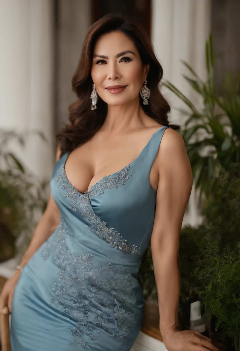 ((top-quality、8K、フォトリアリスティック,tmasterpiece:1.3))、RAW photos,47-year-old mature woman squatting in a suit suit,Fine lines on the face,Elegant feminine,Happy and charming,(M cup:1.5 huge sagging chest contours)Obesity and breast sagging, Wide fat hip bone,Enlarged pelvis,Moisturizes skin, Sweaty skin, Wavy brunette hair,Black color hair,The light blue dress is decorated with intricate embroidery patterns,Blue hip apron,47-year-old mature woman,The background is blurred out,wearing tight simple clothes, 40 years old women, wearing tight shirt,