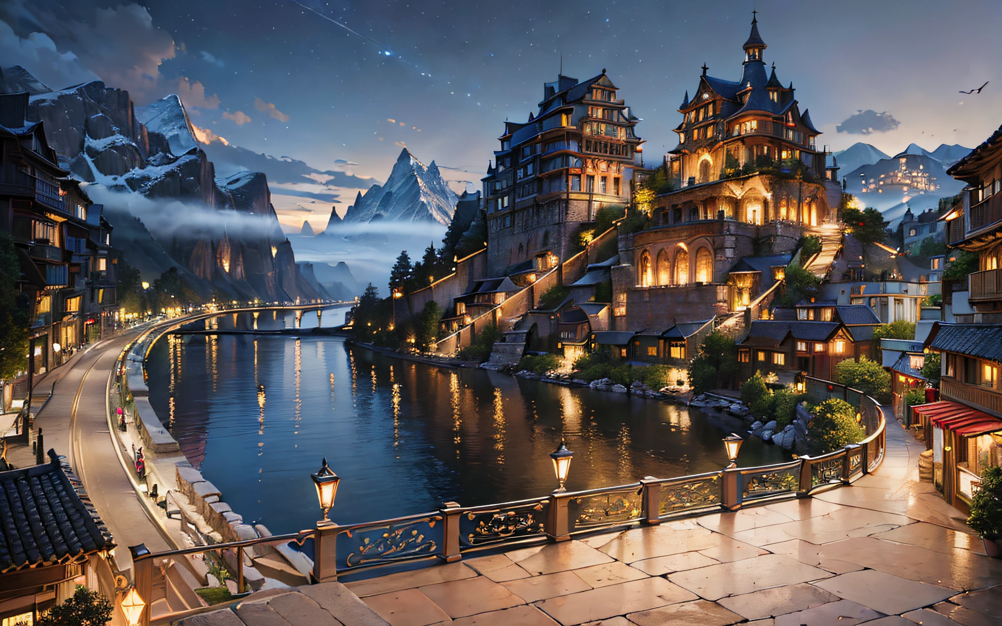 (masterpiece:1.3), (best quality:1.3), Ultra high Res, absurd quality, photography, atmospheric perspective, canvas painting, cinematic, very detailed illustration, dark theme, wide range shot, detailed background, depth of field, Illustrate the Doughty ancient city, mountains and rivers, night, firefly lights, rich in detail, city view, a sense of history and intrigue,