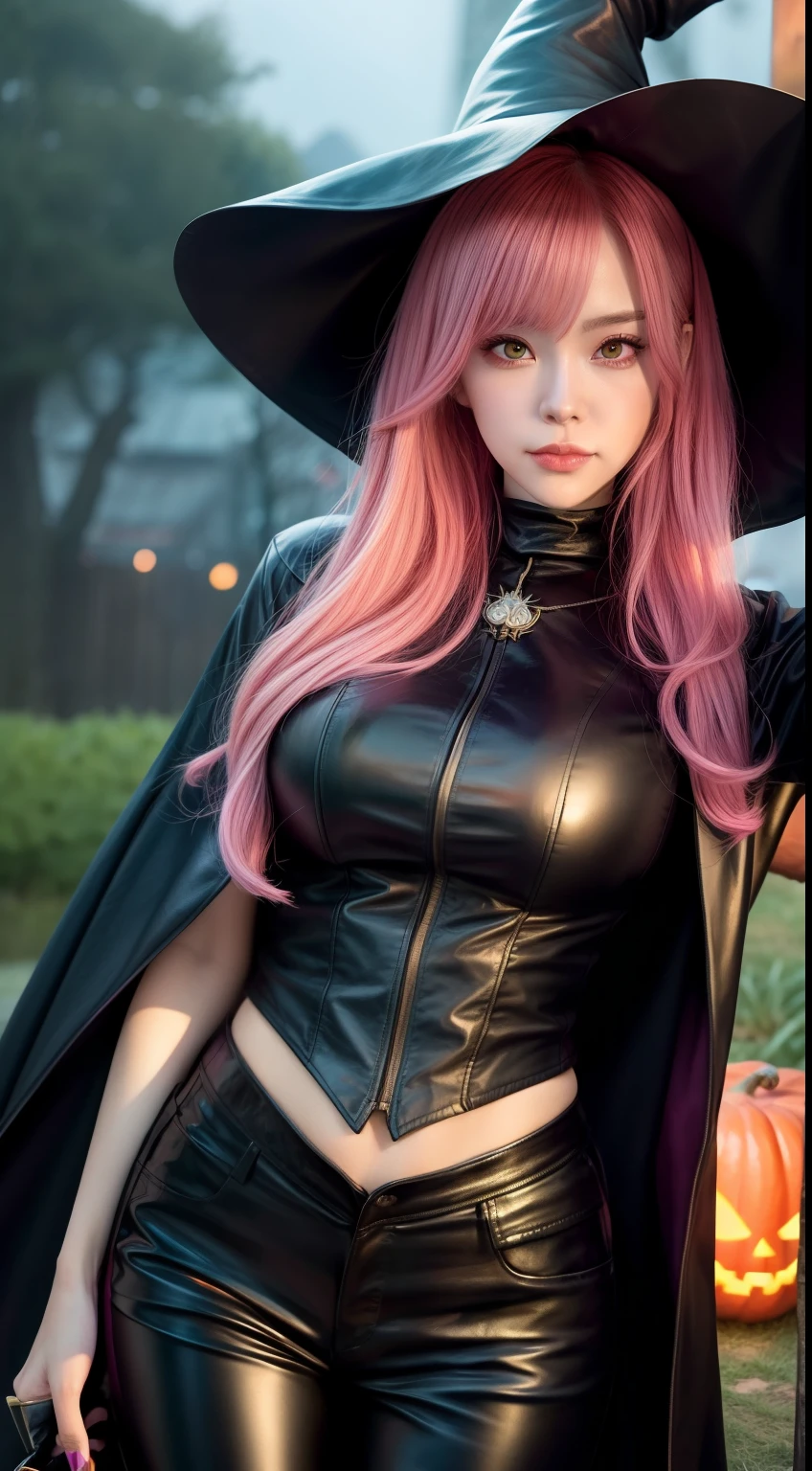 (Halloween theme:1.5), (fantasy:1.5), upper body portrait of a tall very busty beautiful women wearing skin tight full lacy ultra detailed embroidery witch costume, (fusion of black witch dress and Dirndl:1.2), BREAK, (orange latex bikini:1.3), (purple skirt:1.3), BREAK, ((;D1.3, evil smile:1.2)), perfect face,perfect eyes,HD details,high details,sharp focus,studio photo,HD makeup,shimmery makeup,celebrity makeup,(( centered image)) (HD render)Studio portrait,magic, magical, fantasy,(huge breast)(large breast), halloween house, jack-o' challenge, pink hair, halloween background, bright pumpkin, arms down,