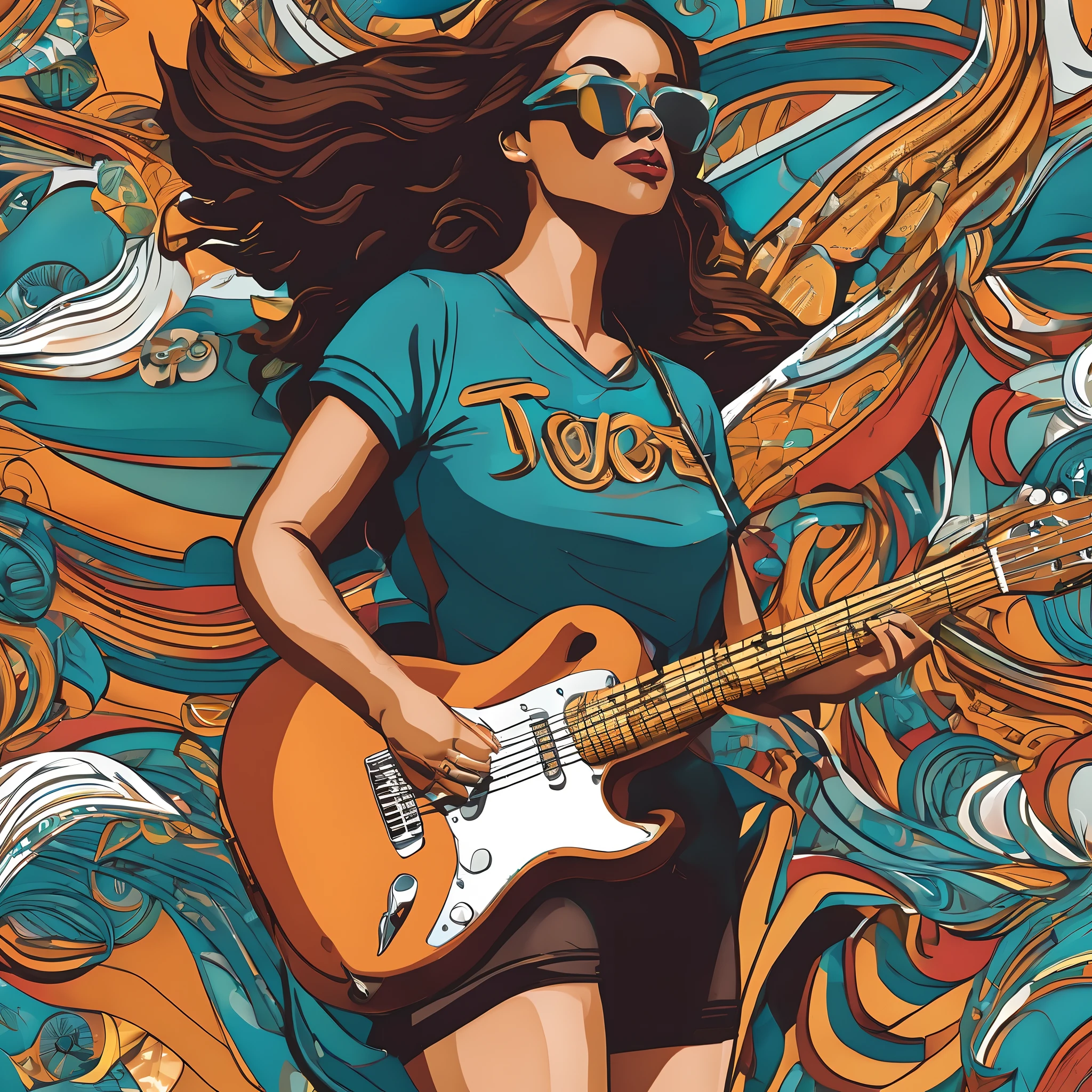 um close up de uma mulher com uma guitarra na frente de um fundo colorido, Jen Bartel, extremely high quality artwork, arte do Adobe Illustrator, in illustration style digital, arte vetorial, rocking out, arte vetorial altamente detalhada, illustration style, inspirado em Tim Doyle, poster illustration, do rock sonhadora, estilo de arte pop punk, Fanart, arte oficial, Illustration by Tom Richmond