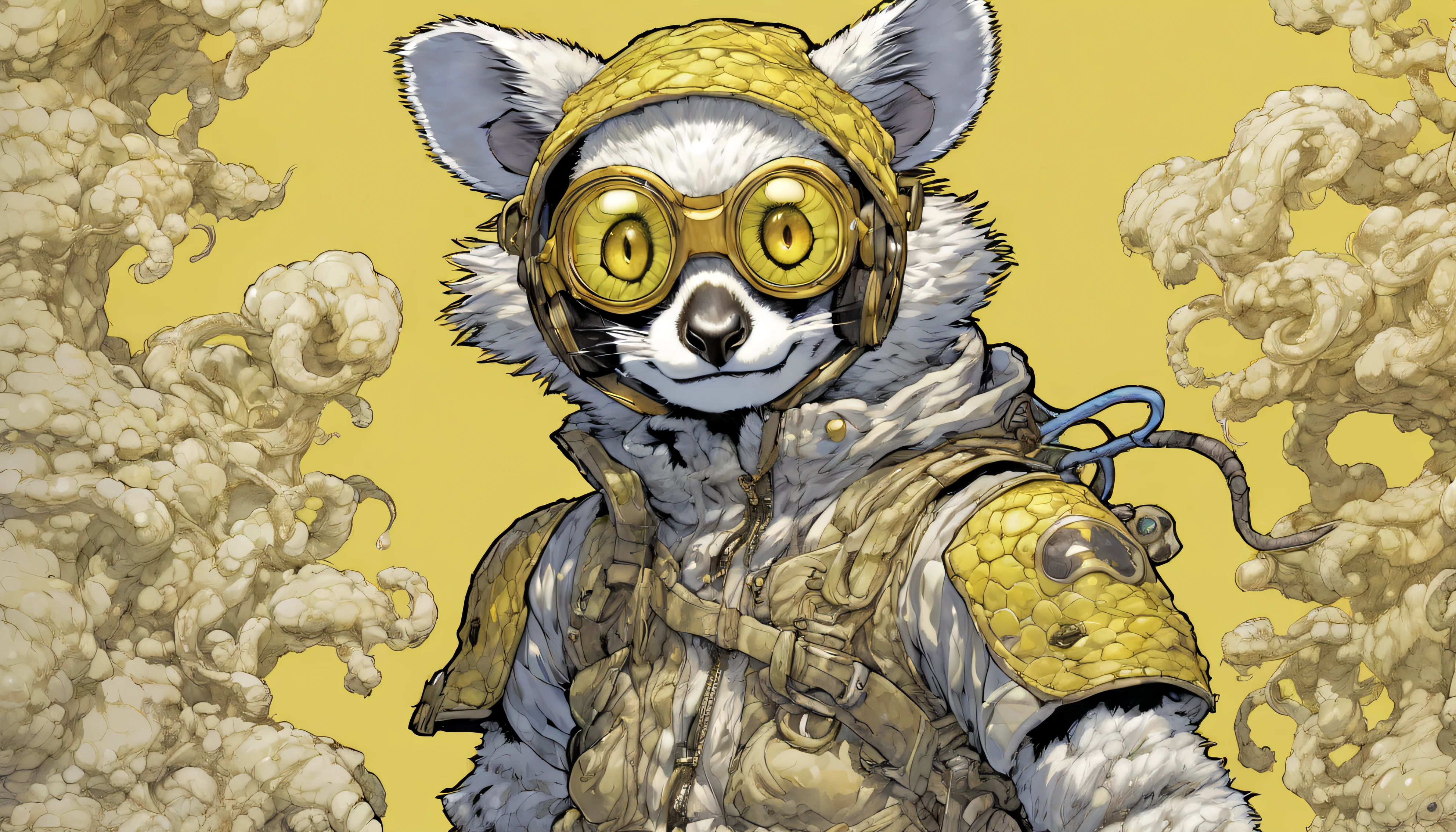 comics LEMUr, by Katsuya Terada, HD, manga, toon avatar,LEMUR, Katsuya Terada STYLE, POKEMON STYLE, LEMUR, YELLOW EYE, SNAKE skin ARMOR, SCALEs,LEMUR, YELLOW EYES, muppet, simple, stialized, chubby, , manga, contrast, poce, full body, dynamic poce, miletary gear, goggles, hood, by Katsuya Terada, clean, compact, simple