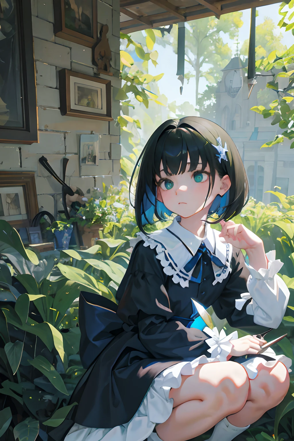 crouching down,child,(masterpiece,Highest Quality),shortsleeves,Blue-green Gothic ta,Sleepy face,A dark-haired,Medium bob,utility knife,Small scissors