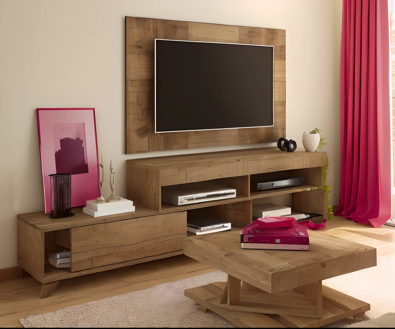 There is a TV on a stand in a living room, cortinas vermelhas, red frame red booksartistic rendering, cinema realista 4 d render, renderizar 3 d, zido, Furniture de madeira, wooden furniture, very realistic 3 d render, tv, wood furnishings, vray renderizado, - h 7 0 4, -h 704, stylistic furniture, 3 d product render