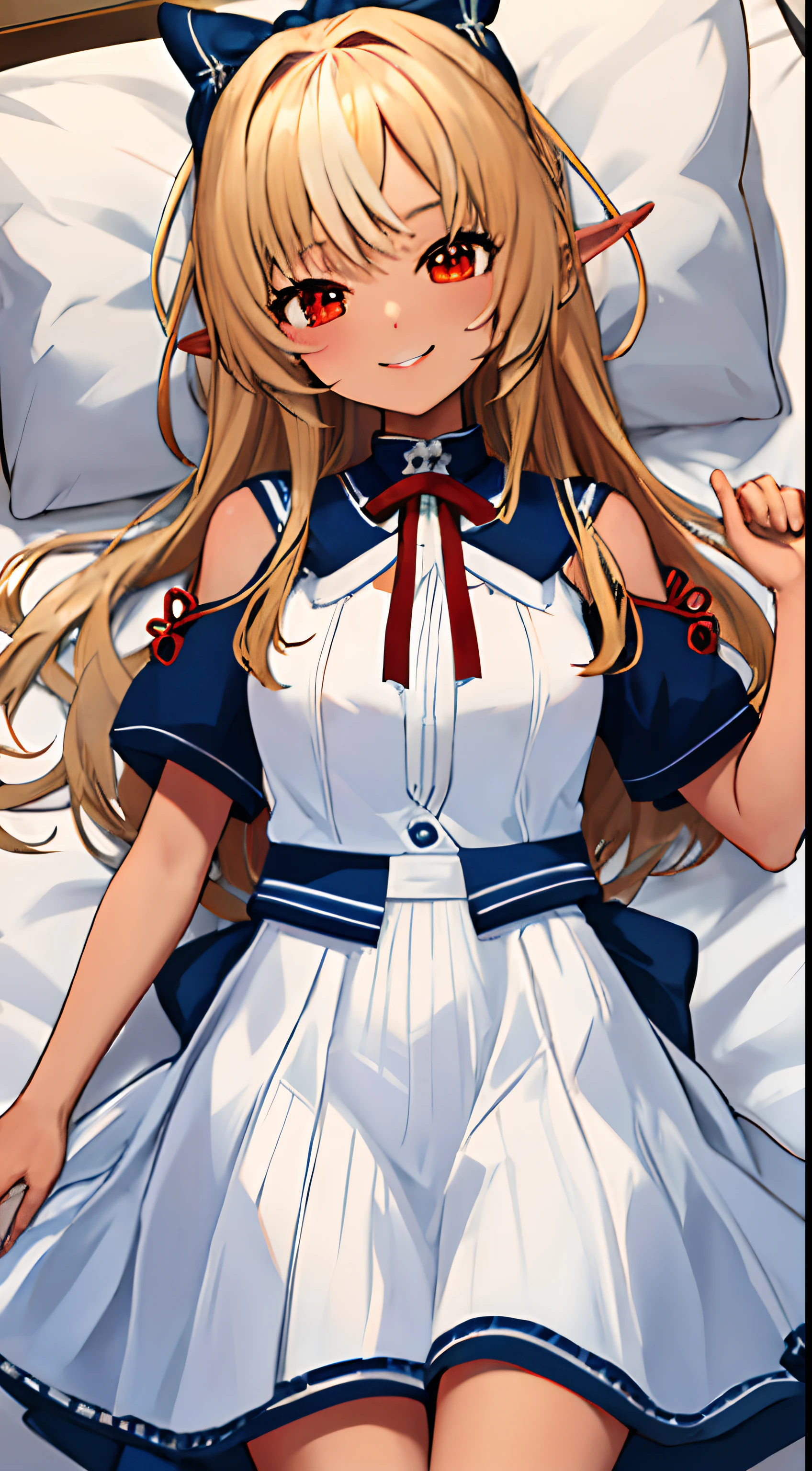 Dark Elves,White Dress, blue bow, Hair Bow, Red Ribbon, Neck ribbon
,Shiranui Flare、a bed、A smile