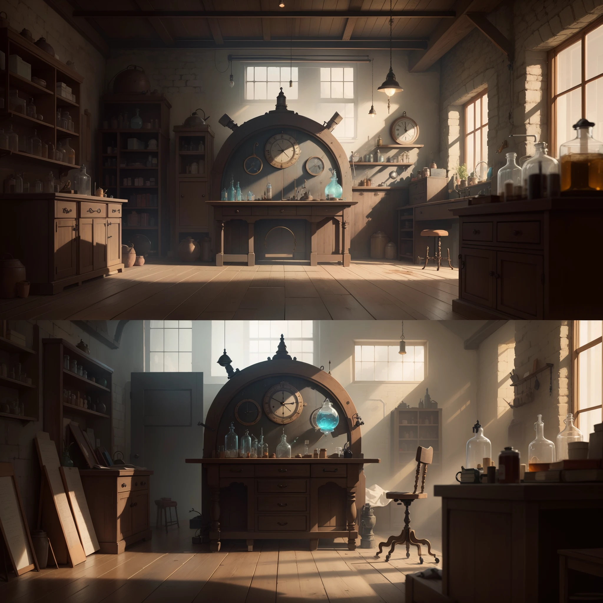 there is a room with a desk and a chair in it, fantasy alchemist laboratory, magic laboratory setting, mysterious laboratory, in a steampunk laboratory, magic lab background, wizards laboratory, surreal sci fi set design, science fantasy painting, 8 k high detail concept art, alchemy laboratory, highly detailed matte painting, realistic fantasy render, surrealism 8k, he is in a alchemist lab,
